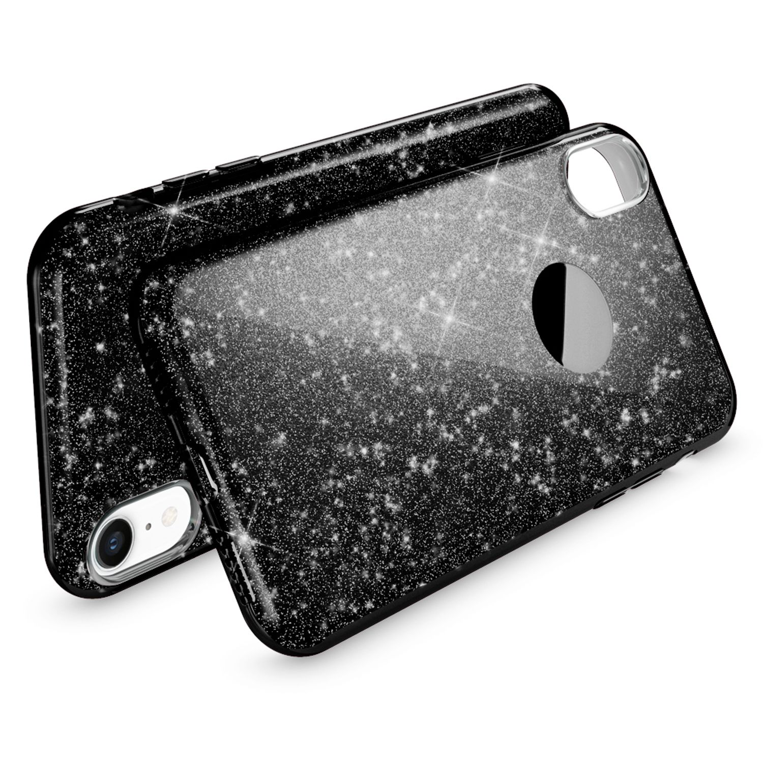 Glitzernde schwarze Handyhülle mit Kameraaussparung auf weißem Hintergrund.