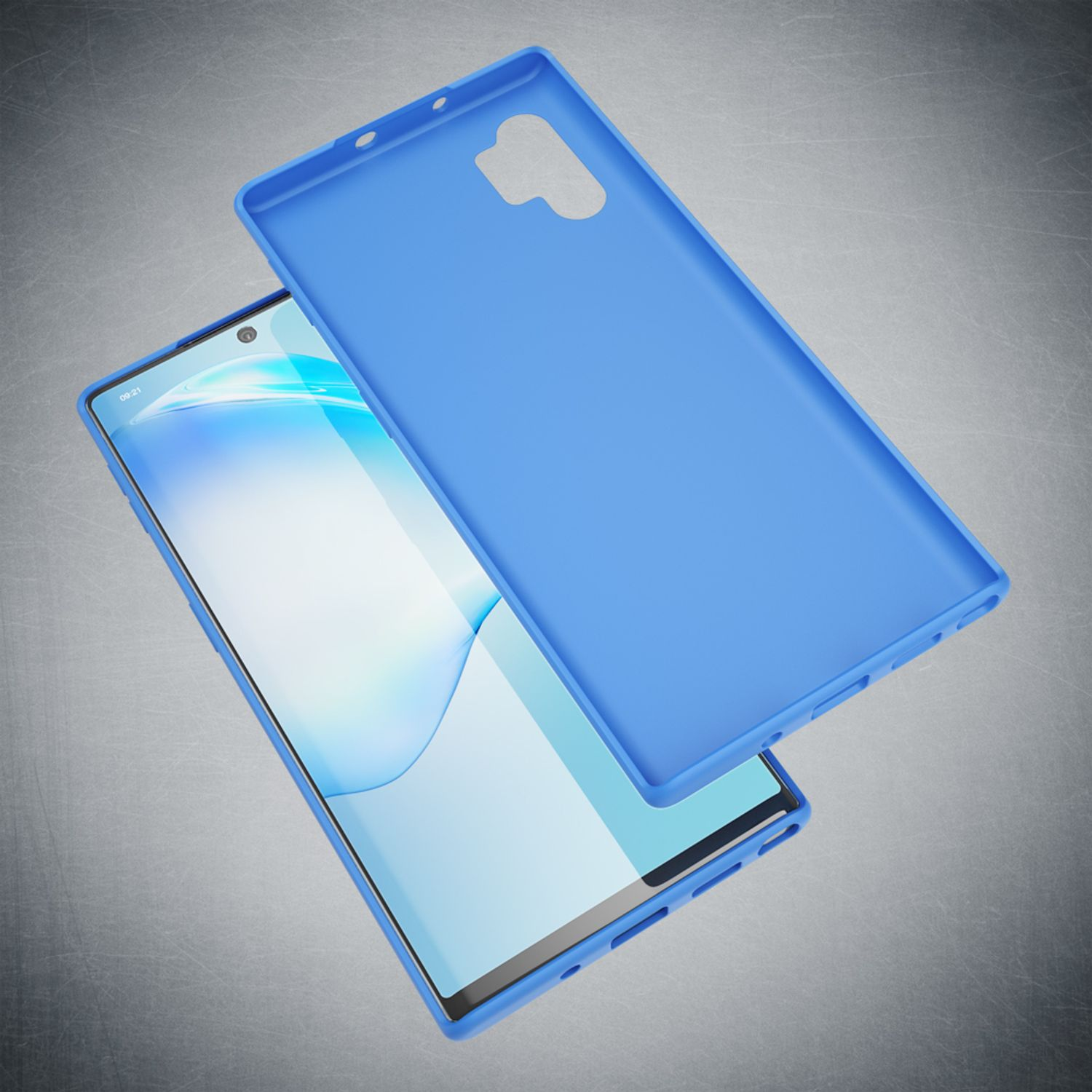 Ein blaues Handycover liegt über einem Smartphone. Grauer Hintergrund.