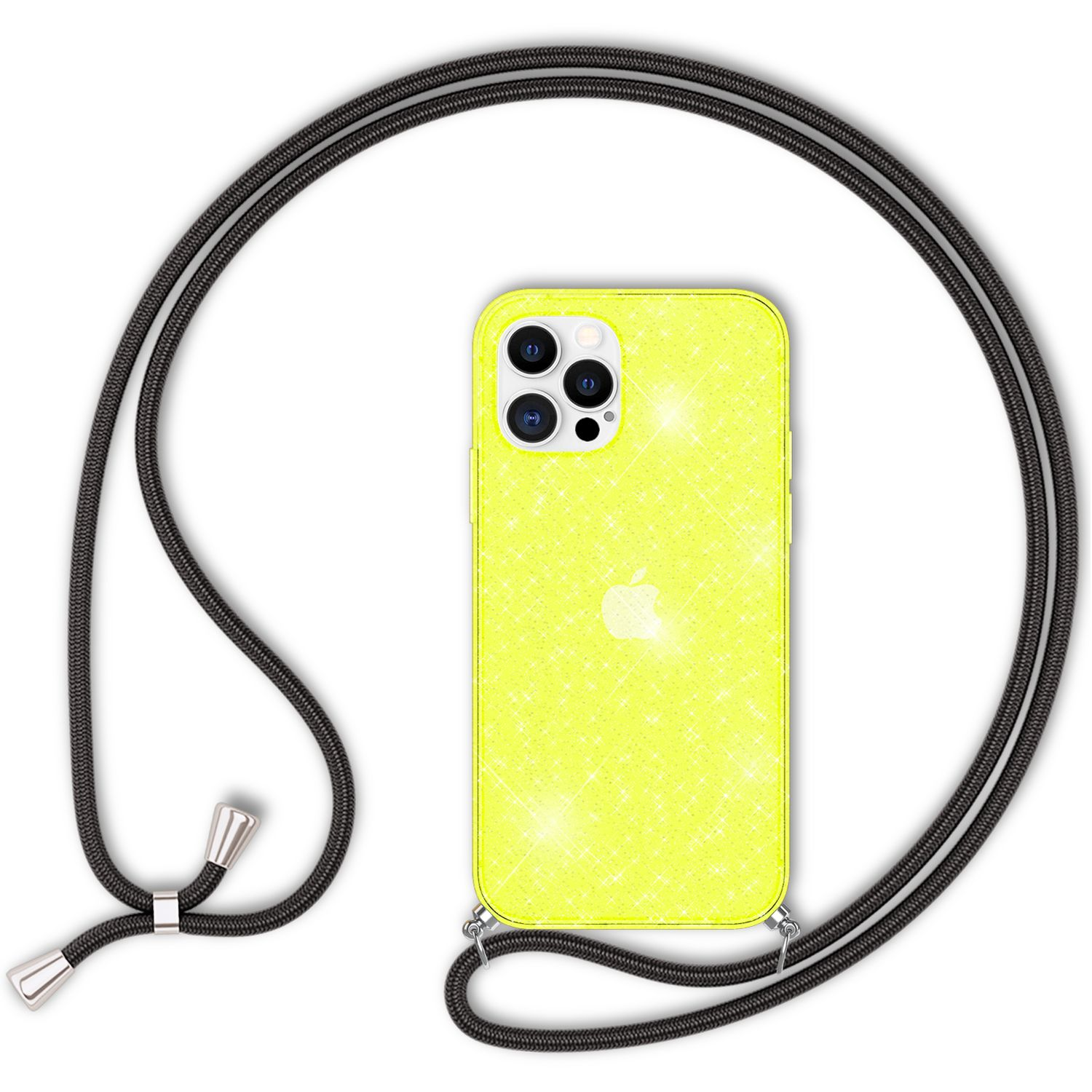 Ein leuchtend gelbes iPhone-Case mit Glitzer und einer schwarzen Kordel.