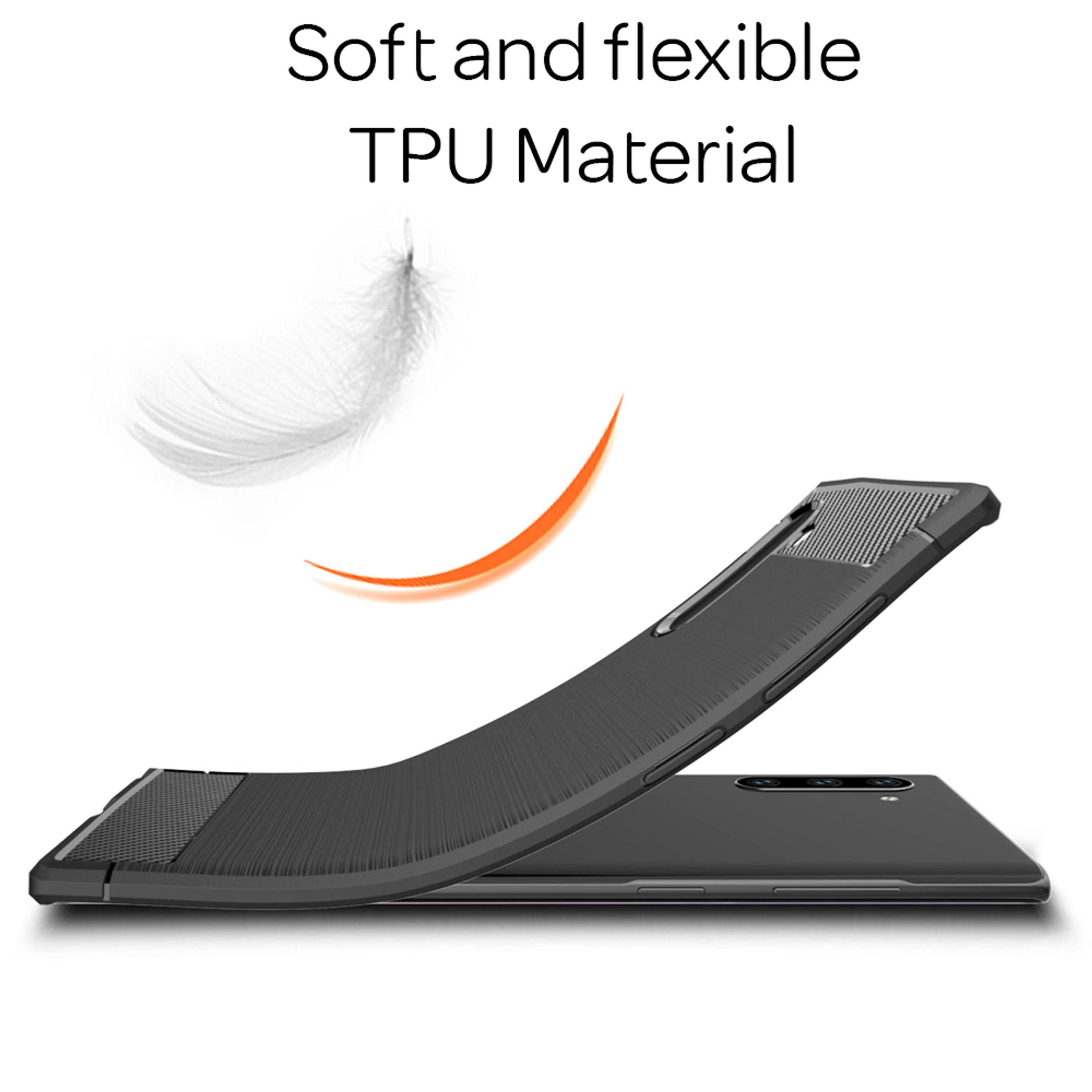 Ein flexibler, schwarzer Handyhülle, der sich über einem Smartphone wölbt.