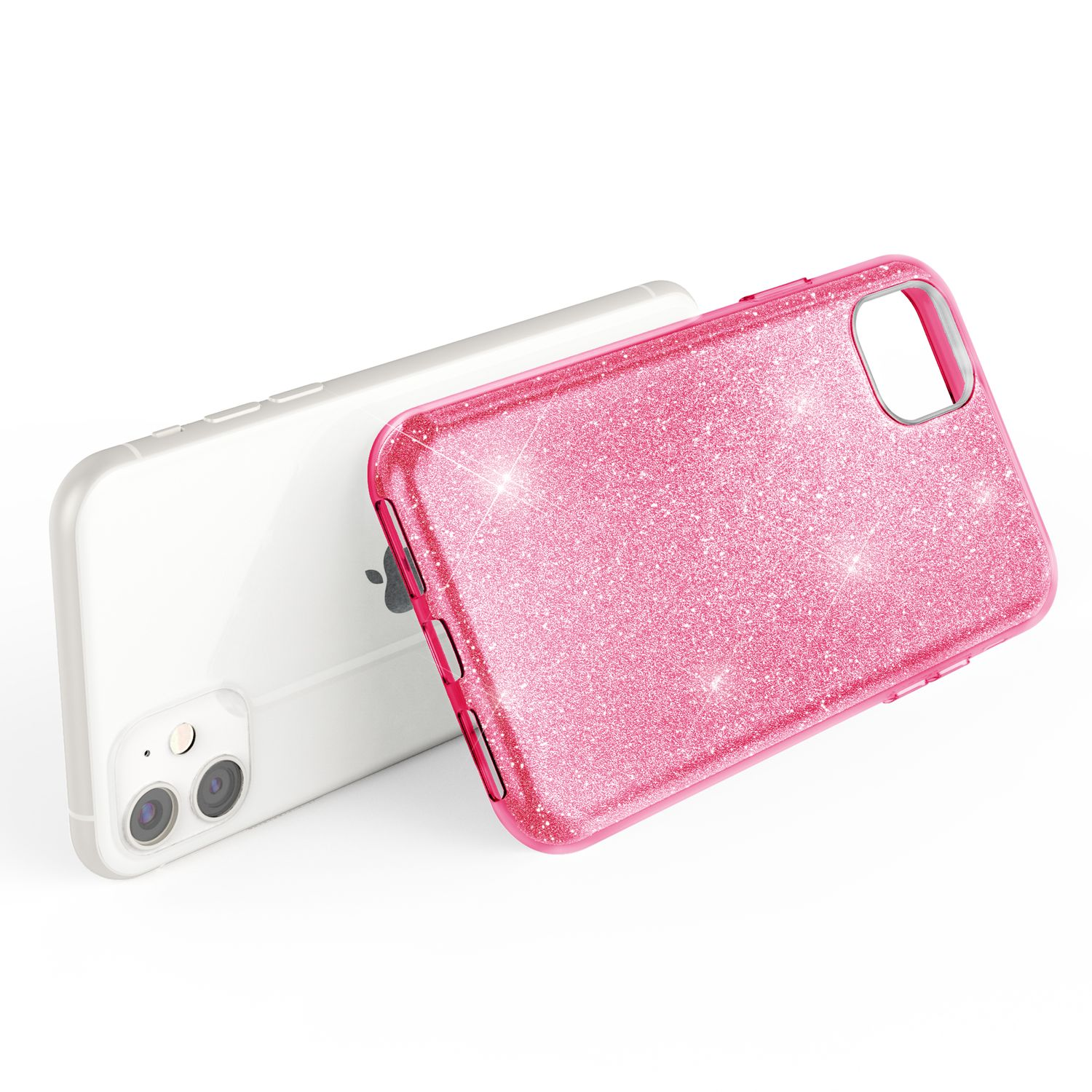 Ein glitzerndes pinkes Handyhülle liegt neben einem weißen Smartphone.