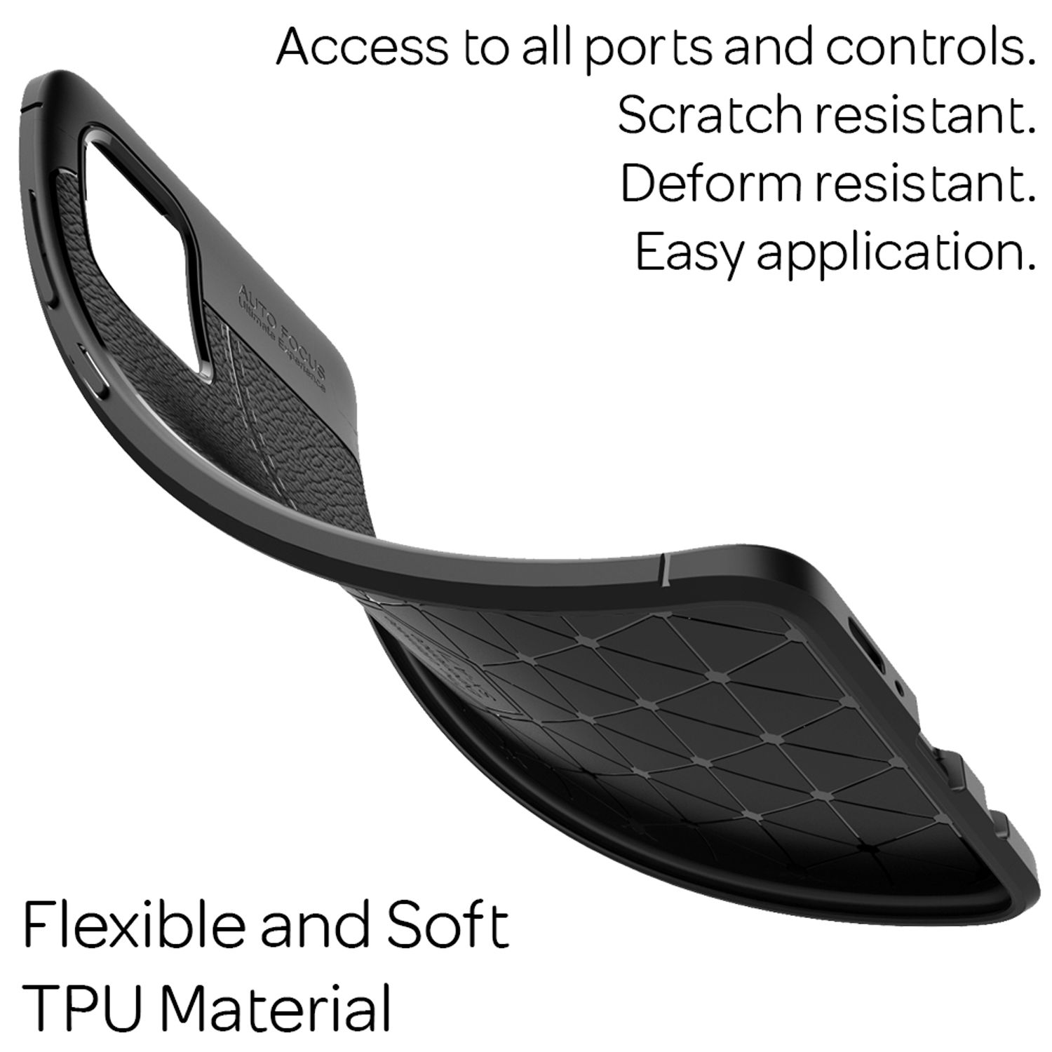 Schwarze flexible TPU Handyhülle mit Wabenmuster, zugänglich für Anschlüsse.