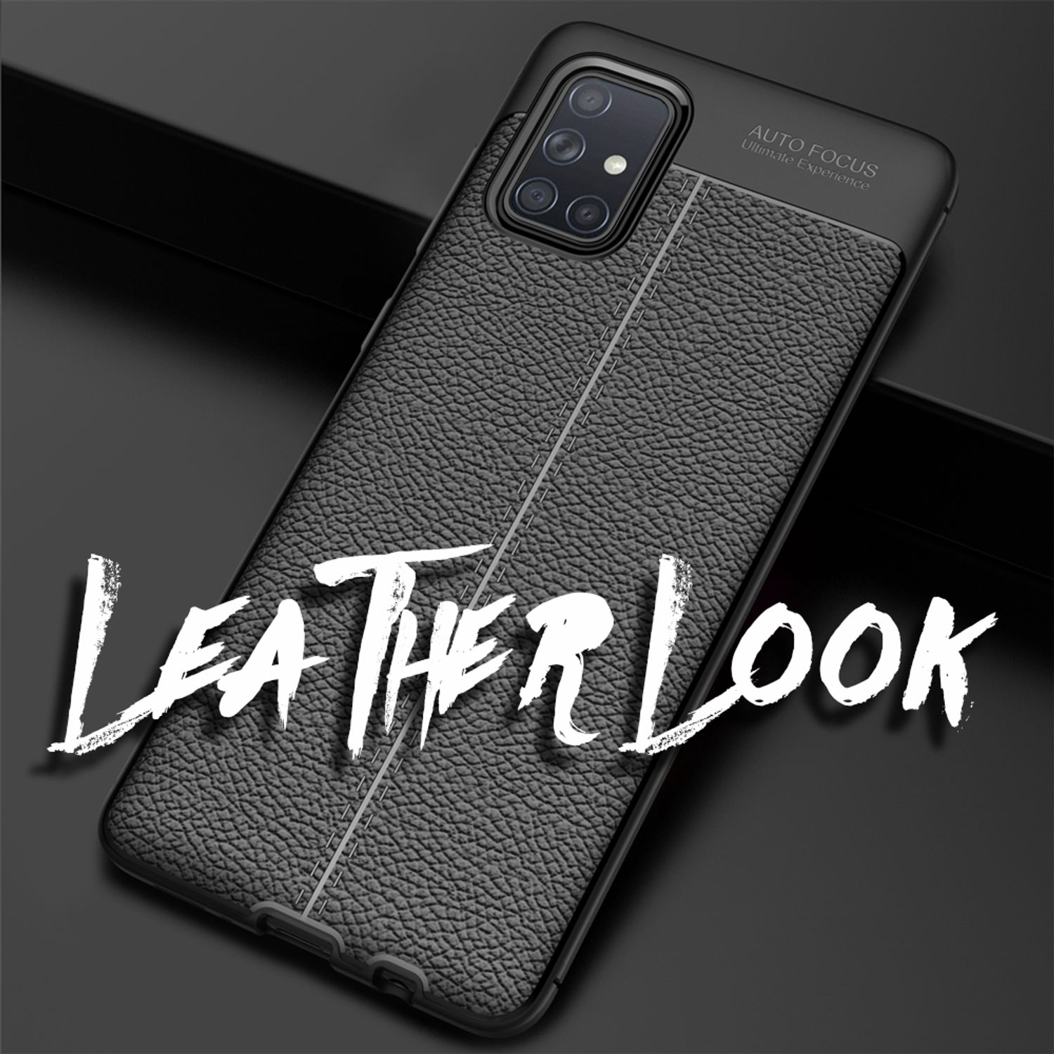 Schwarze Handyhülle mit Lederstruktur und Nähten, Schriftzug 'Leather Look'.