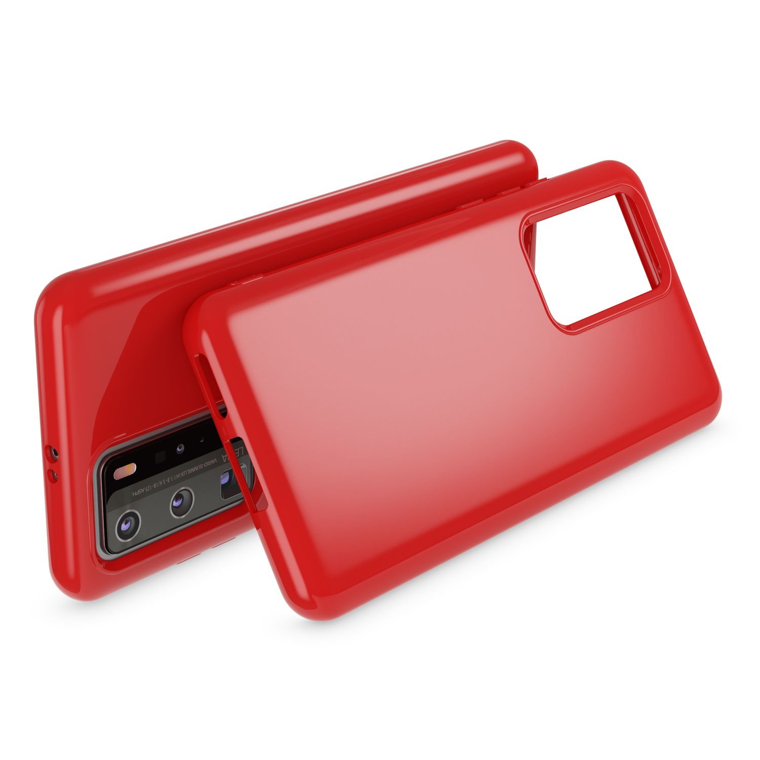Due custodie rosse per cellulare giacciono una accanto all'altra.