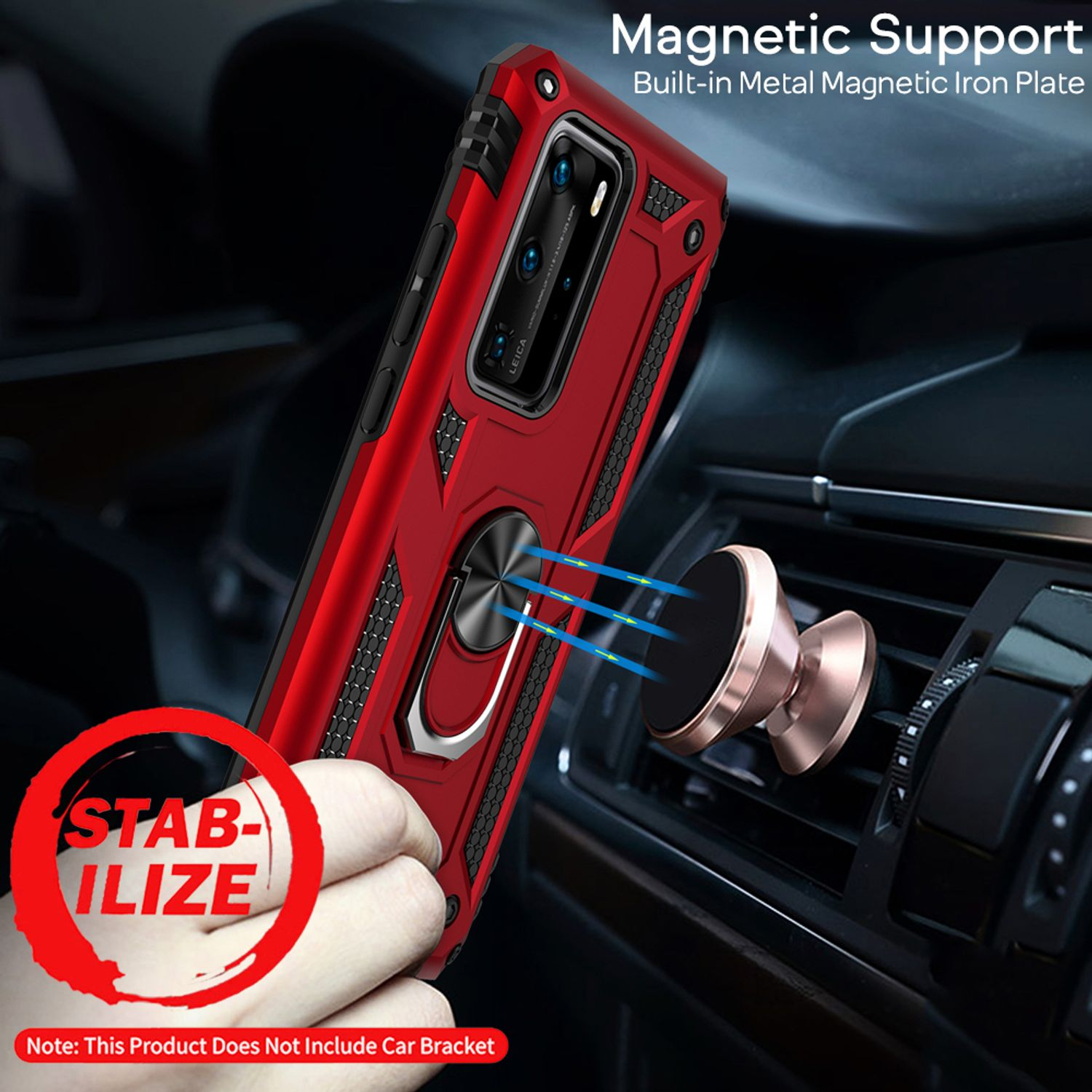 Rote Handyhülle mit Ringhalterung an magnetischem Autolüftungshalter.