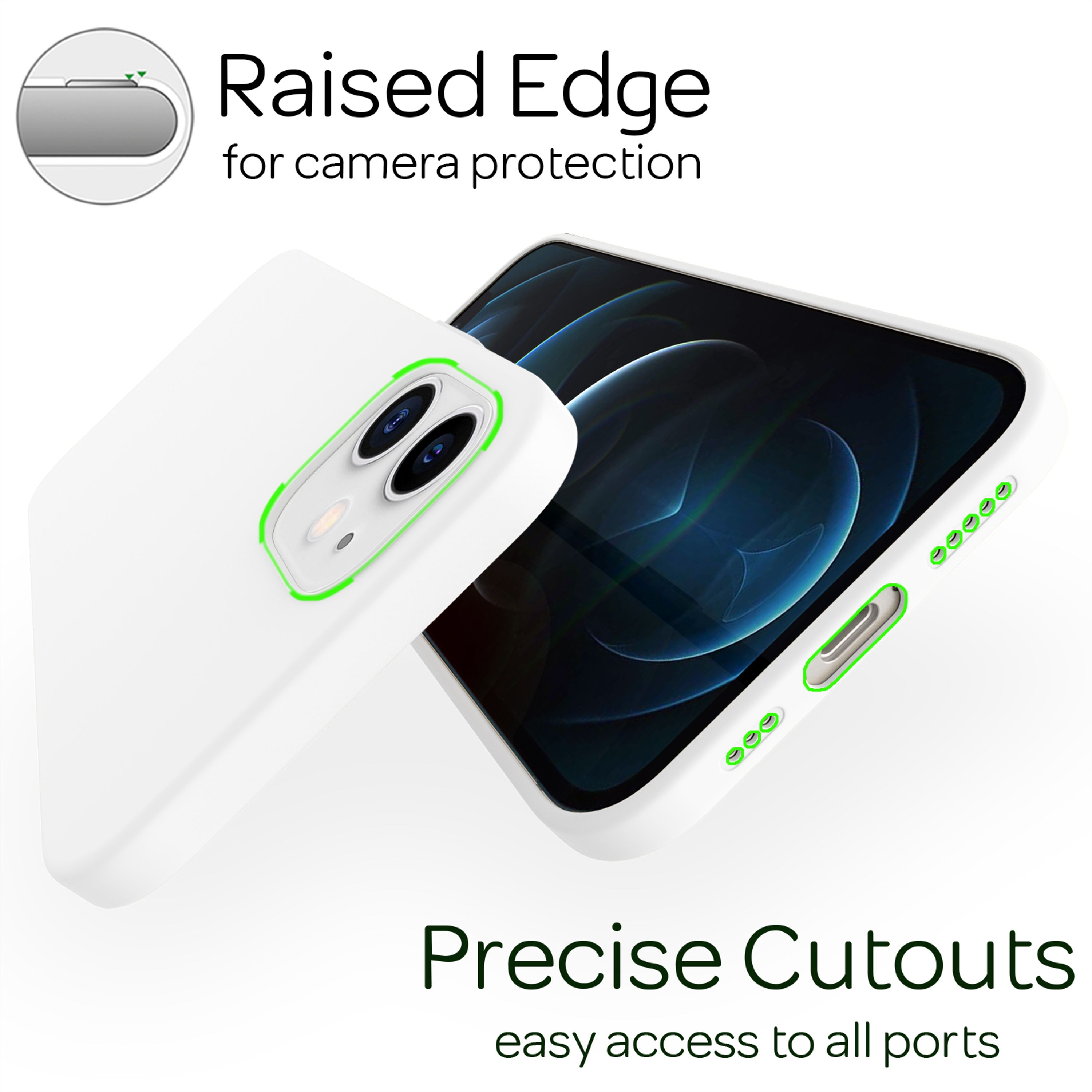 Ein weißes Handy mit einem weißen Gehäuse, das die Rückseite und Seiten hervorhebt.
