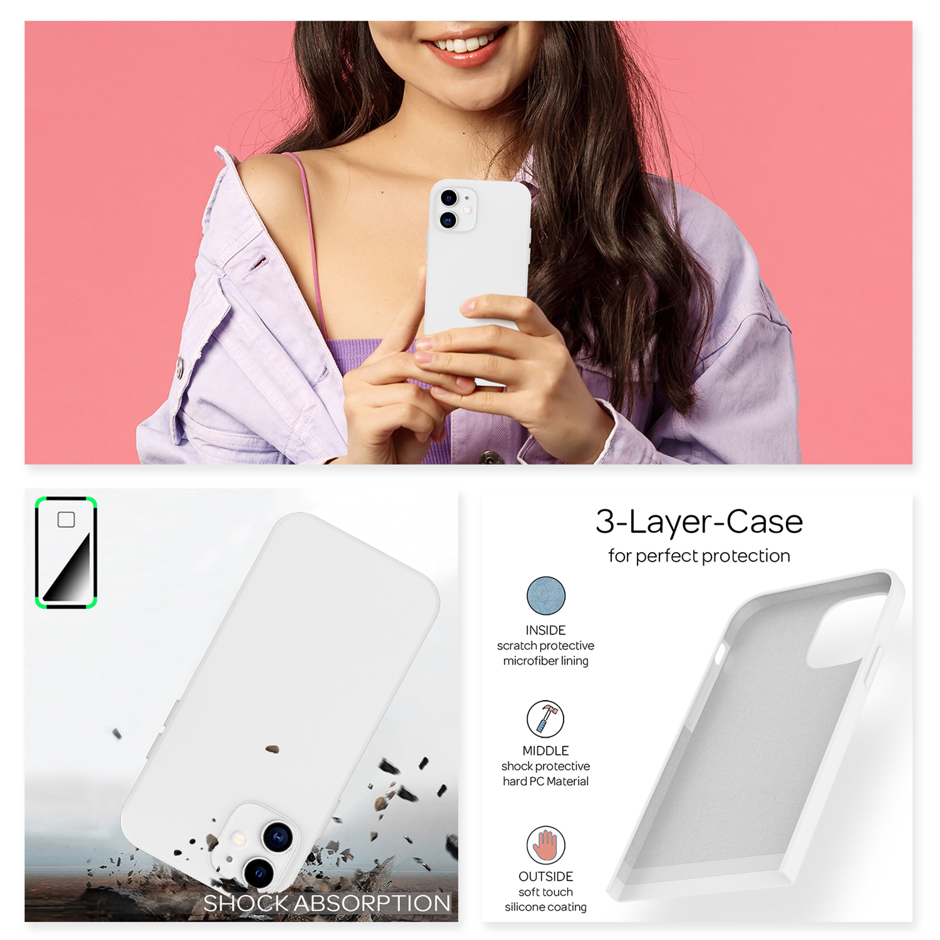 Eine Frau hält ein weißes Handy vor einem rosa Hintergrund. Details zeigen Handyhülle.