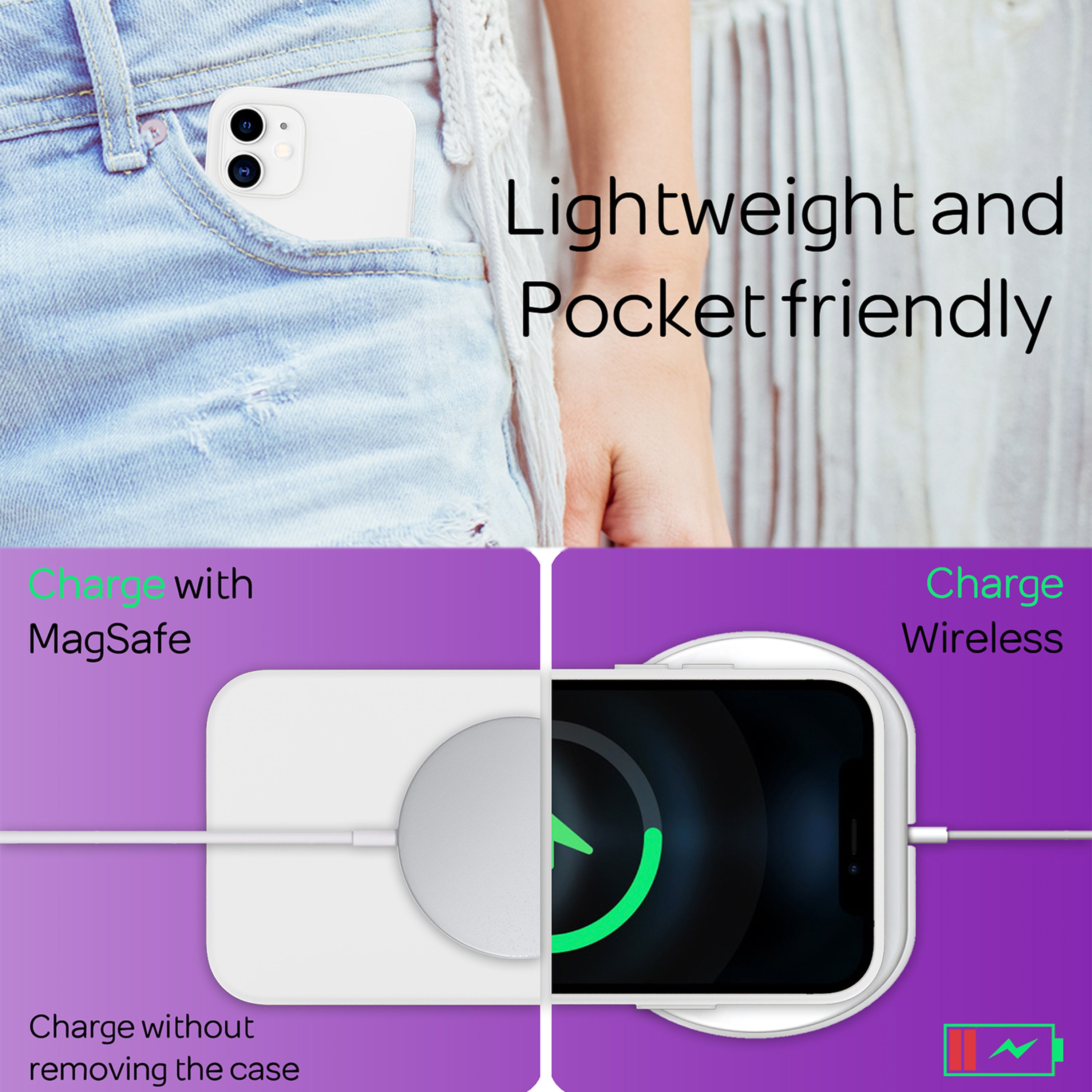 Ein weißes Smartphone steckt in einer Jeans-Tasche. Ladeoptionen: MagSafe und kabellos.