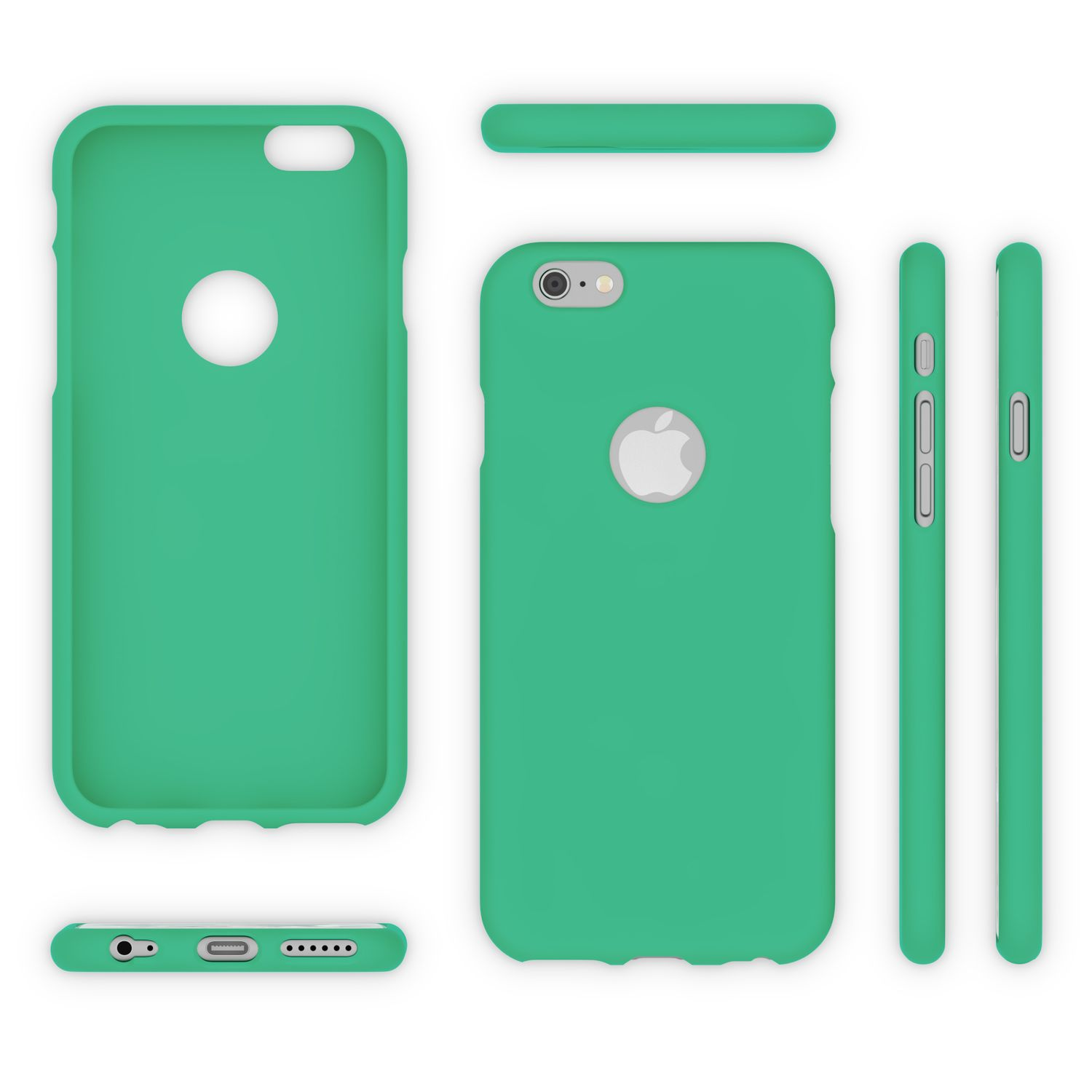 Ein grünes iPhone-Etui in verschiedenen Ansichten auf weißem Hintergrund.
