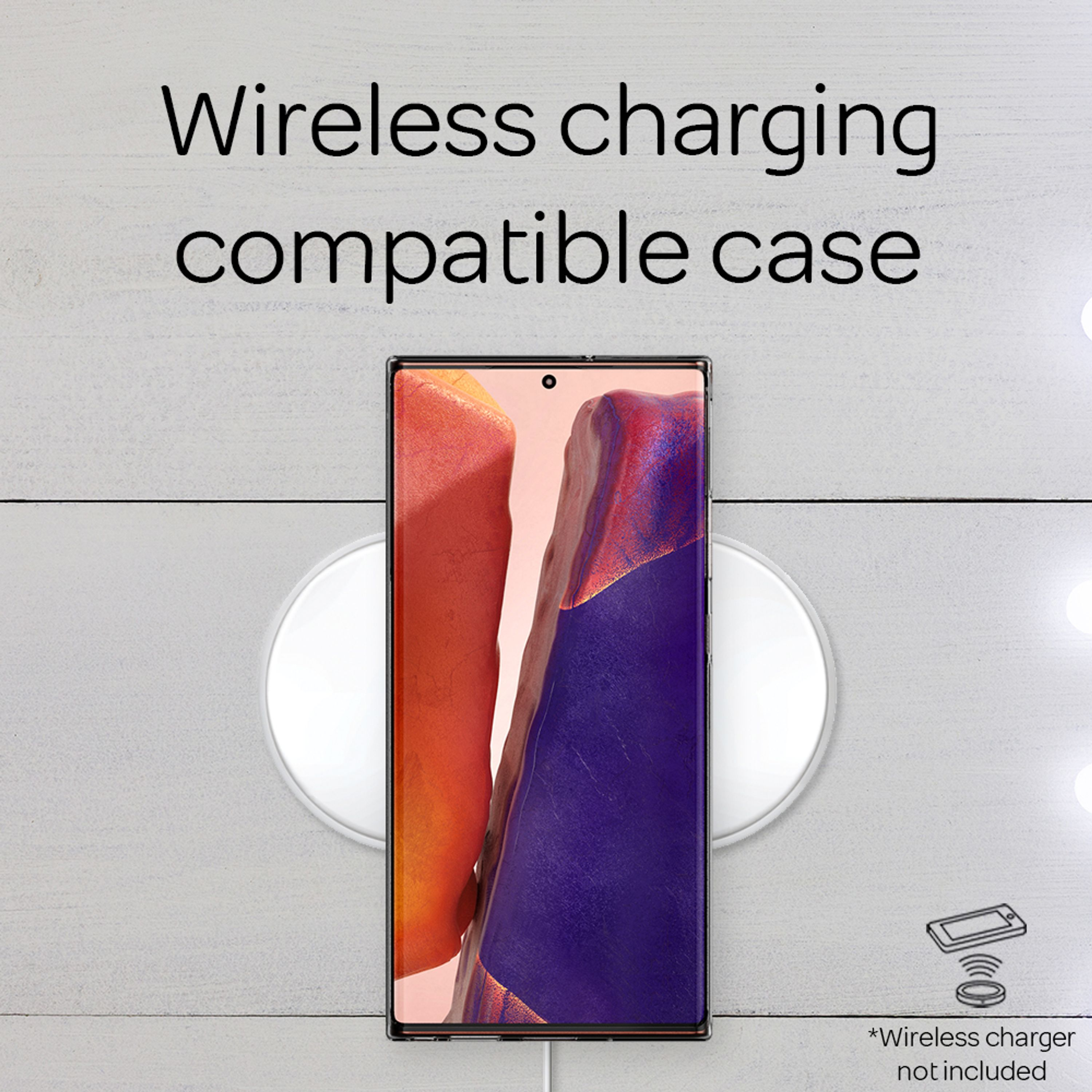 Smartphone su caricatore wireless. Testo: Custodia compatibile ricarica wireless.
