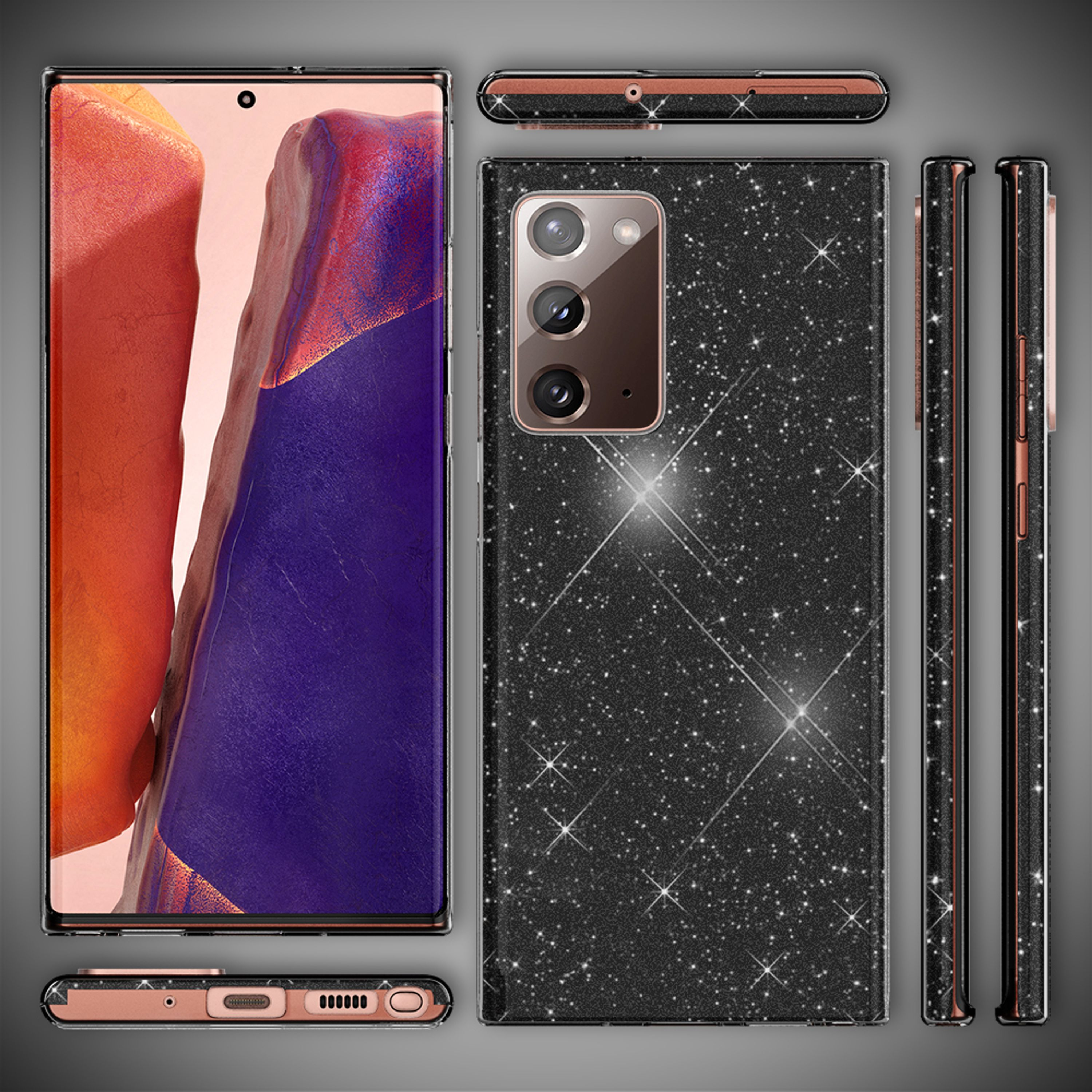 Ein schwarzes Handy mit Glitzerhülle, seitliche Ansichten und Frontansicht.