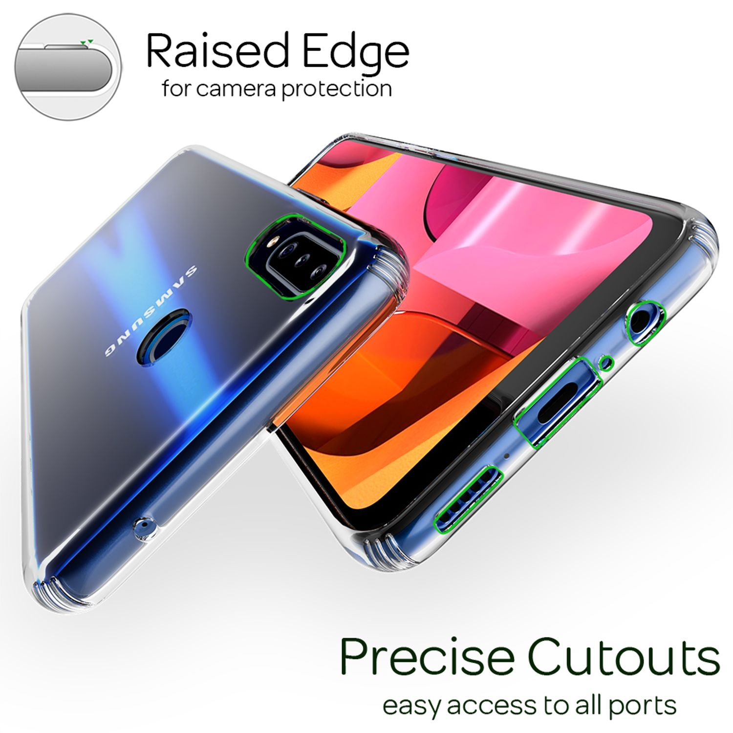 Transparente Handyhülle mit präzisen Aussparungen für einen Samsung-Handy.