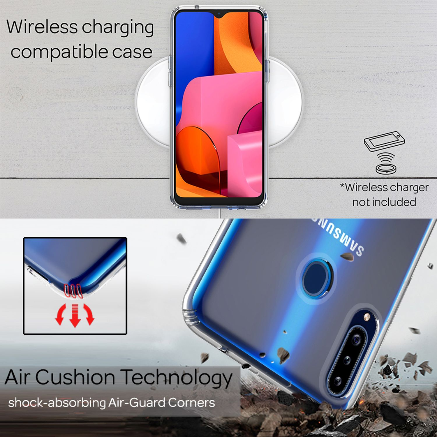 Transparente Handyhülle mit "Air Cushion Technology" auf weißem Hintergrund.