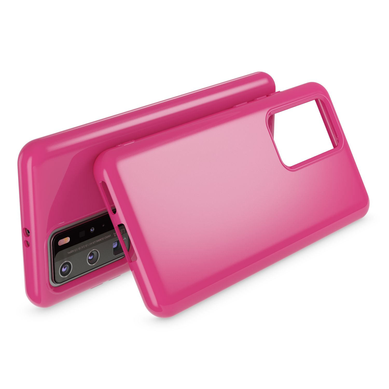 Due custodie per cellulare lisce, lucide e rosa su sfondo bianco.