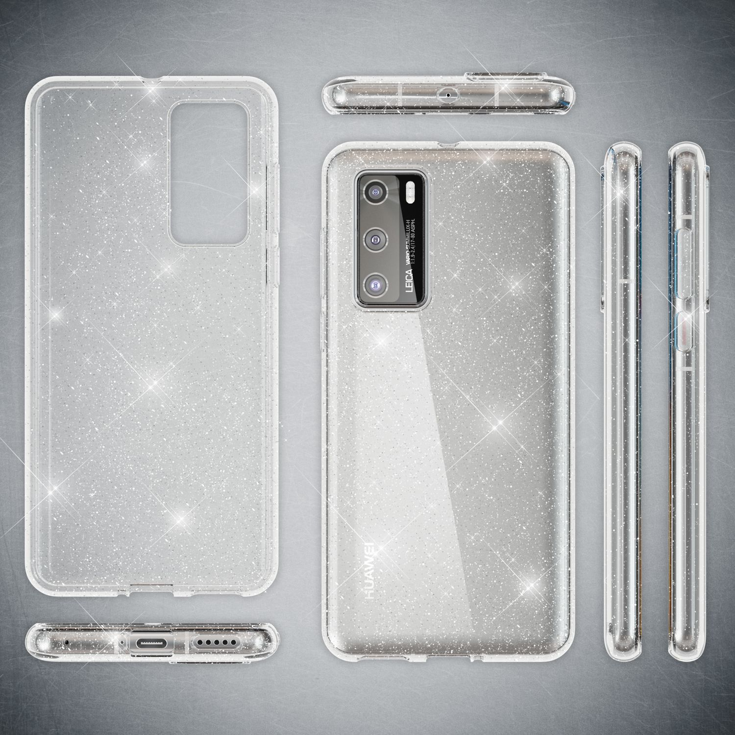 Custodia trasparente glitterata per telefono, vista frontale, posteriore e laterale.