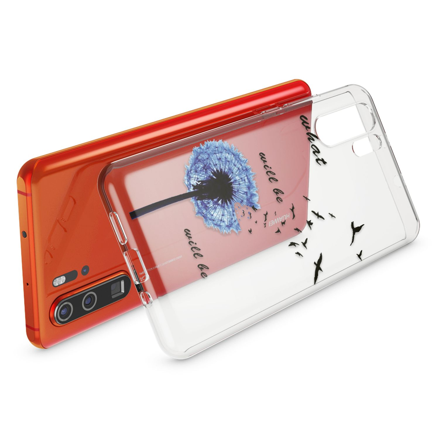Orangefarbenes Handy mit durchsichtiger Hülle mit blauer Pusteblume und Vögeln.