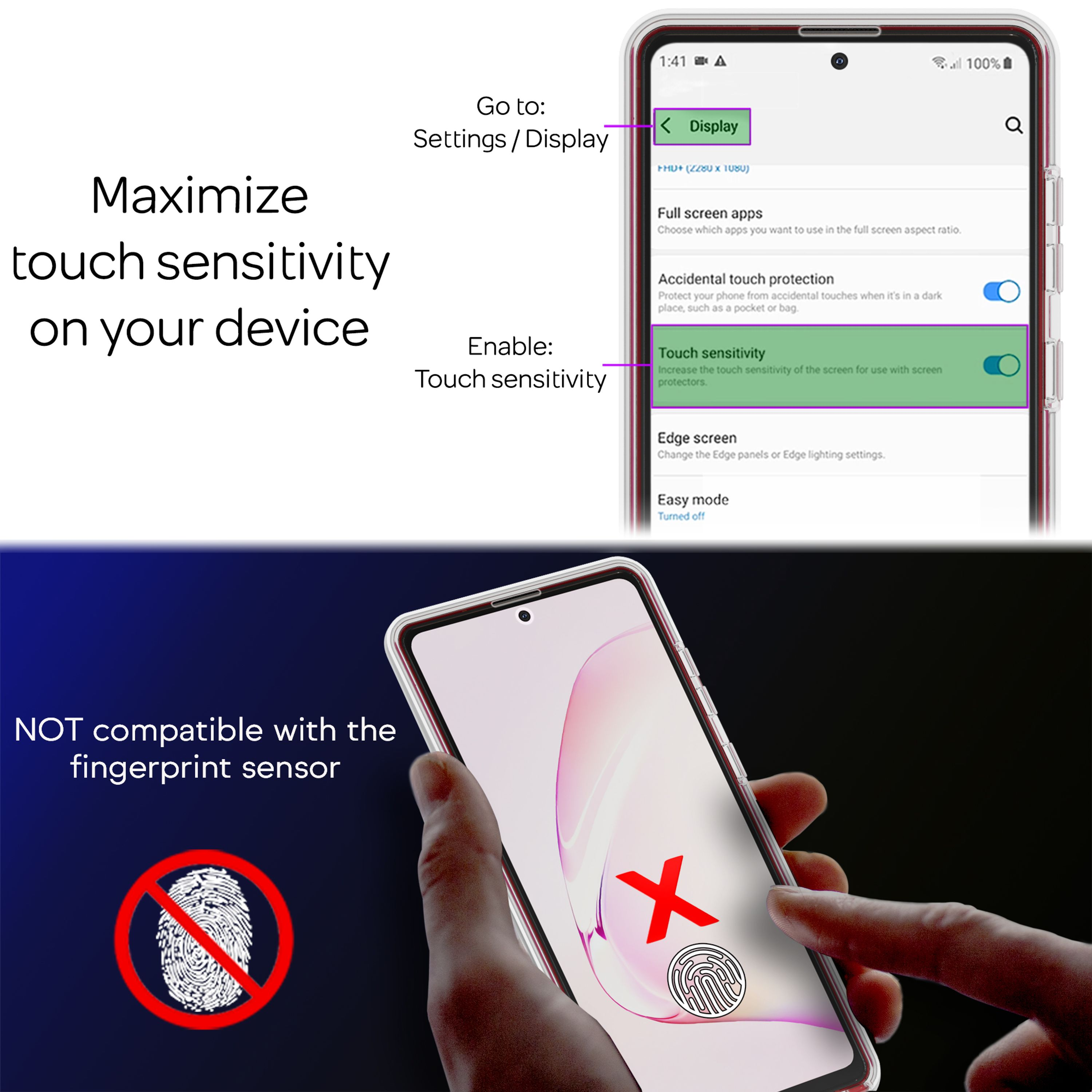 Anleitung zum Erhöhen der Touch-Empfindlichkeit und Hinweis zur Fingerabdrucksensor-Inkompatibilität.