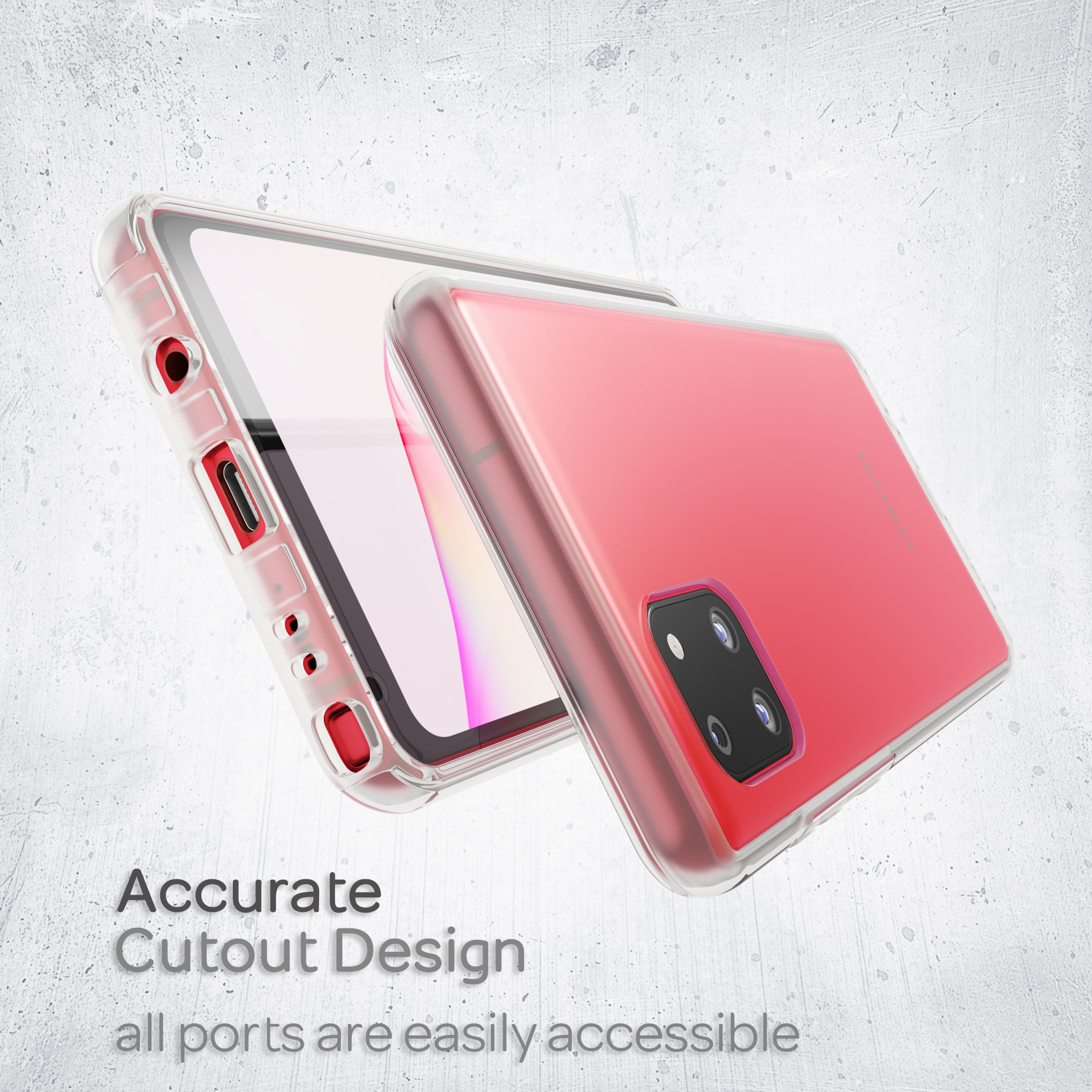 Ein rotes Smartphone mit einer transparenten Hülle auf strukturiertem Hintergrund.