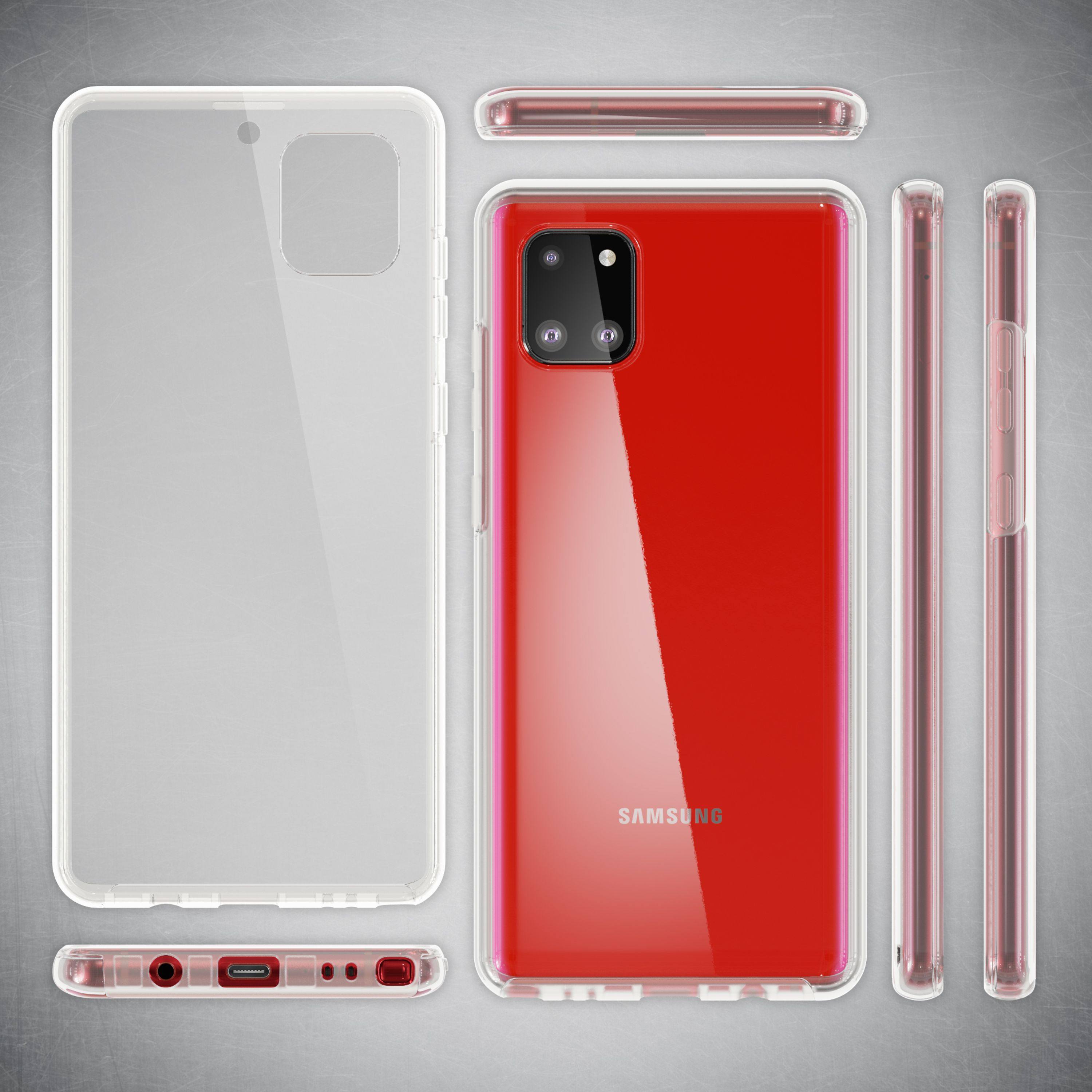 Ein rotes Samsung-Smartphone mit einer transparenten Hülle, verschiedene Ansichten.