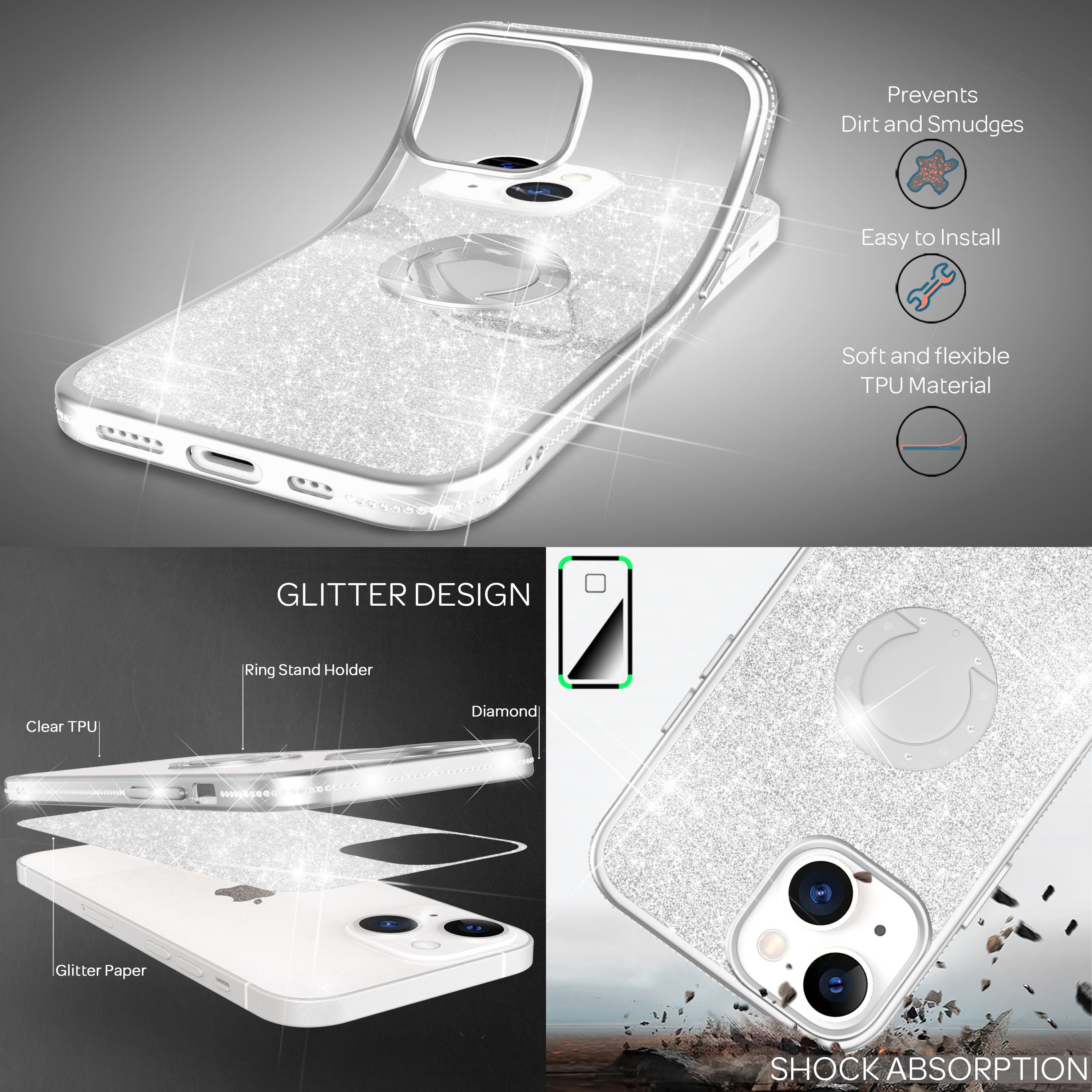 Glitzernde Handyhülle mit Ringhalterung, TPU-Material, stoßdämpfend.