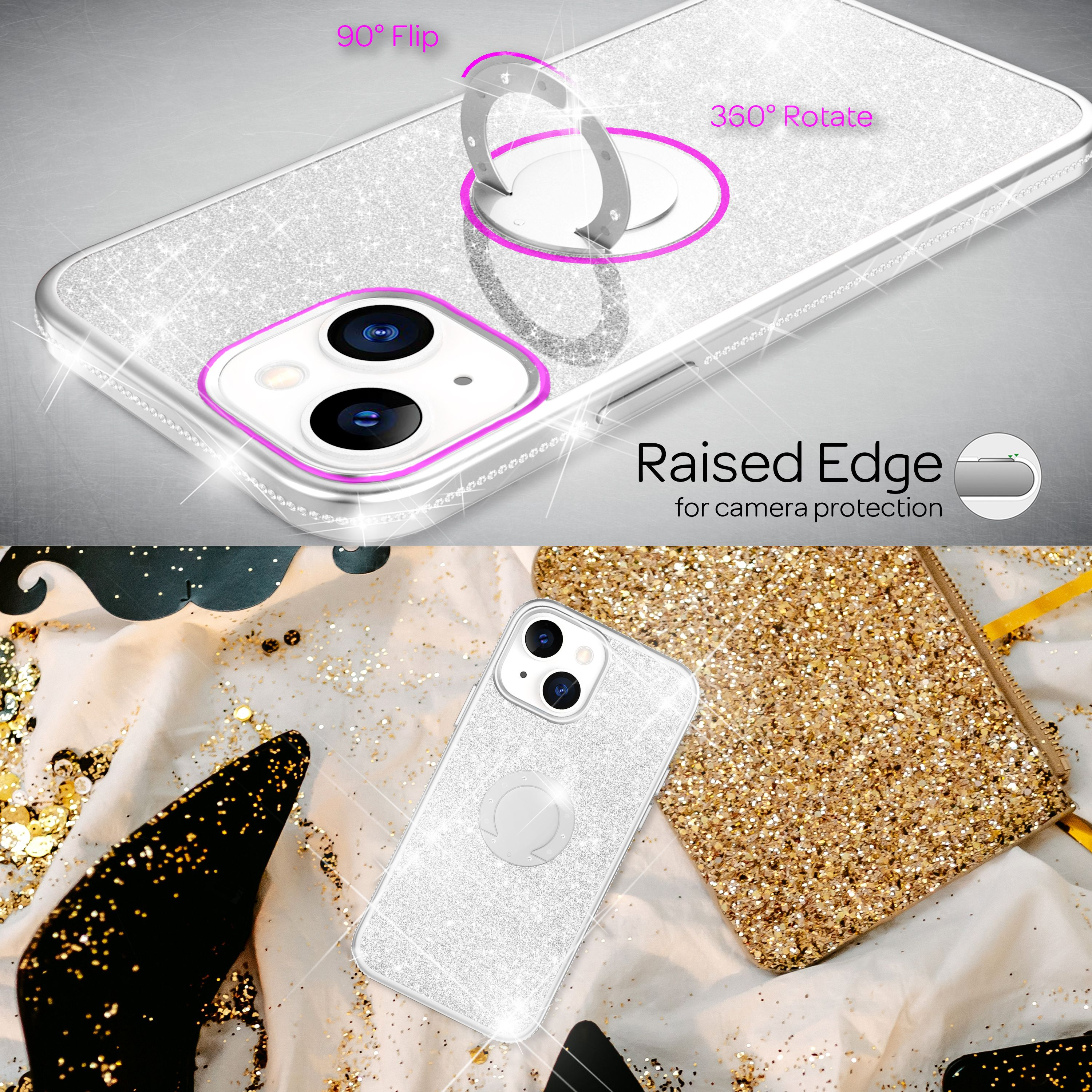 Glitzernde Handyhülle mit Ringhalter und erhöhter Kante.