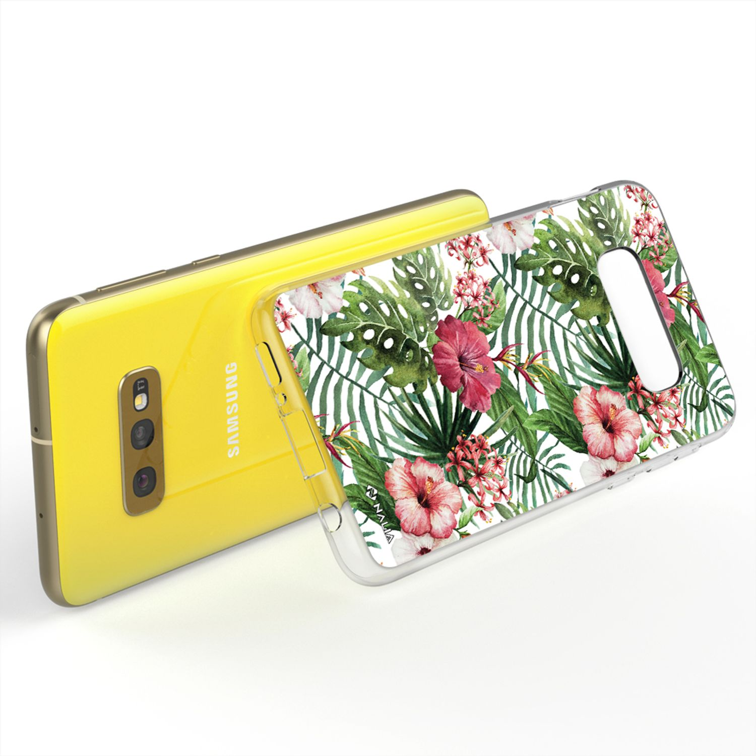 Ein gelbes Samsung Handy mit einer Hülle mit tropischen Blumen und Blättern.