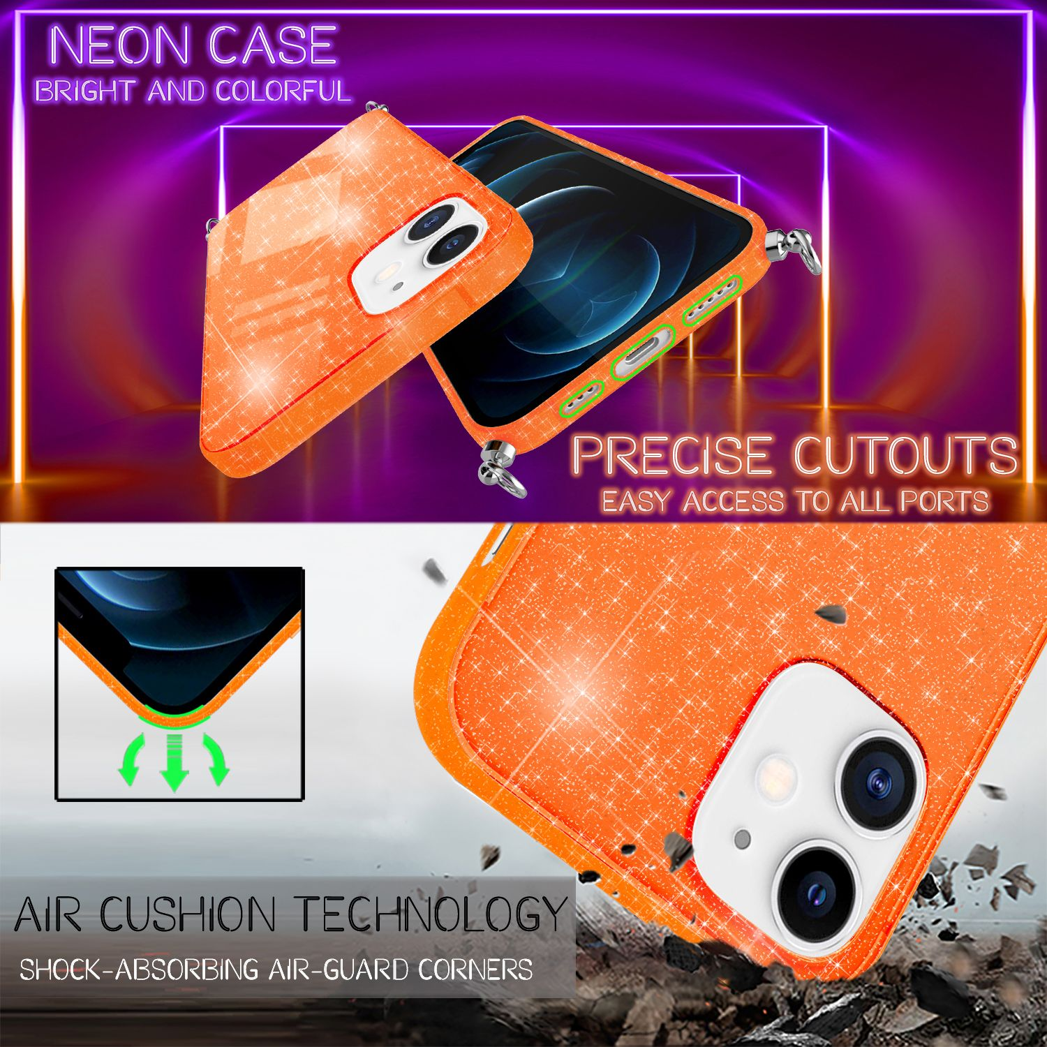 Custodia per telefono arancione glitterata con ritagli precisi e tecnologia Air Cushion.