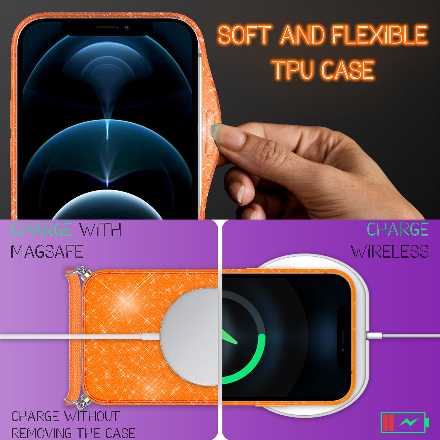 Custodia in TPU morbida e flessibile per iPhone. Ricarica MagSafe e wireless.