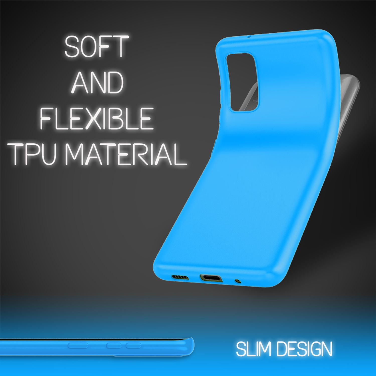 Custodia per telefono in TPU blu mostrata con testo 'MATERIALE TPU MORBIDO E FLESSIBILE' e 'DESIGN SOTTILE'.