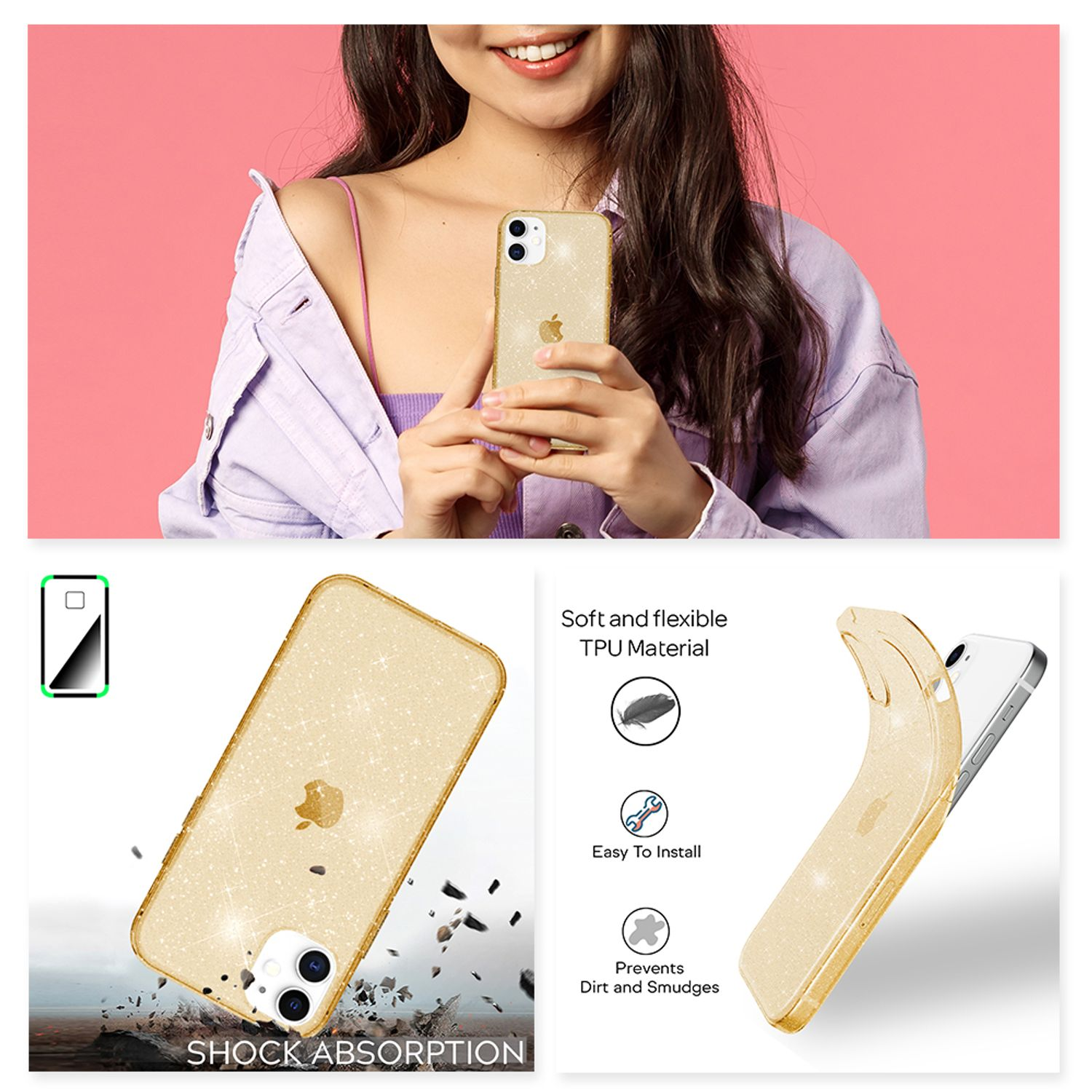 Glitzernde Handyhülle mit Apple-Logo, wird neben einem Handy gezeigt.