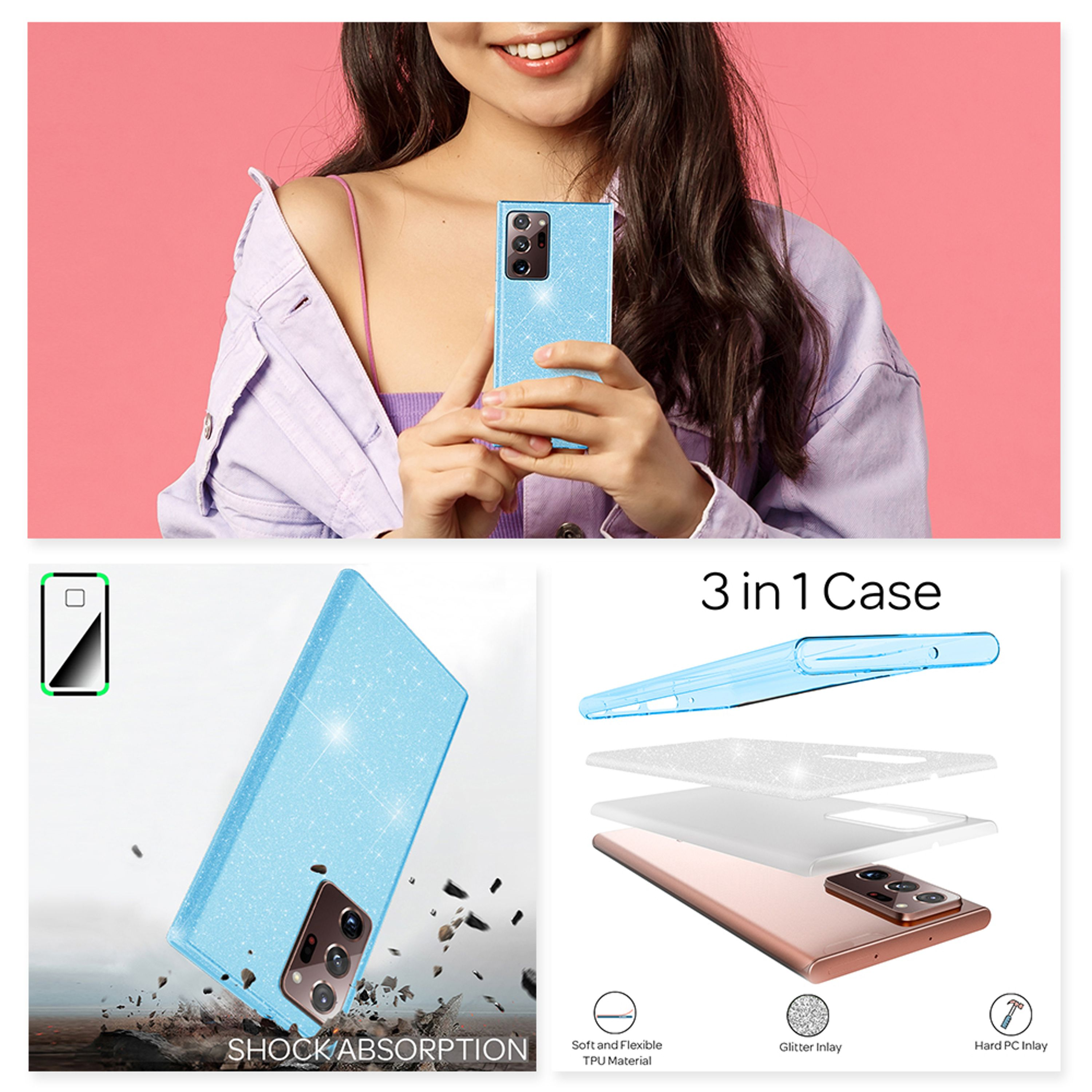 Donna che tiene un telefono blu scintillante. Sotto: telefono con assorbimento urti e custodia 3 in 1.