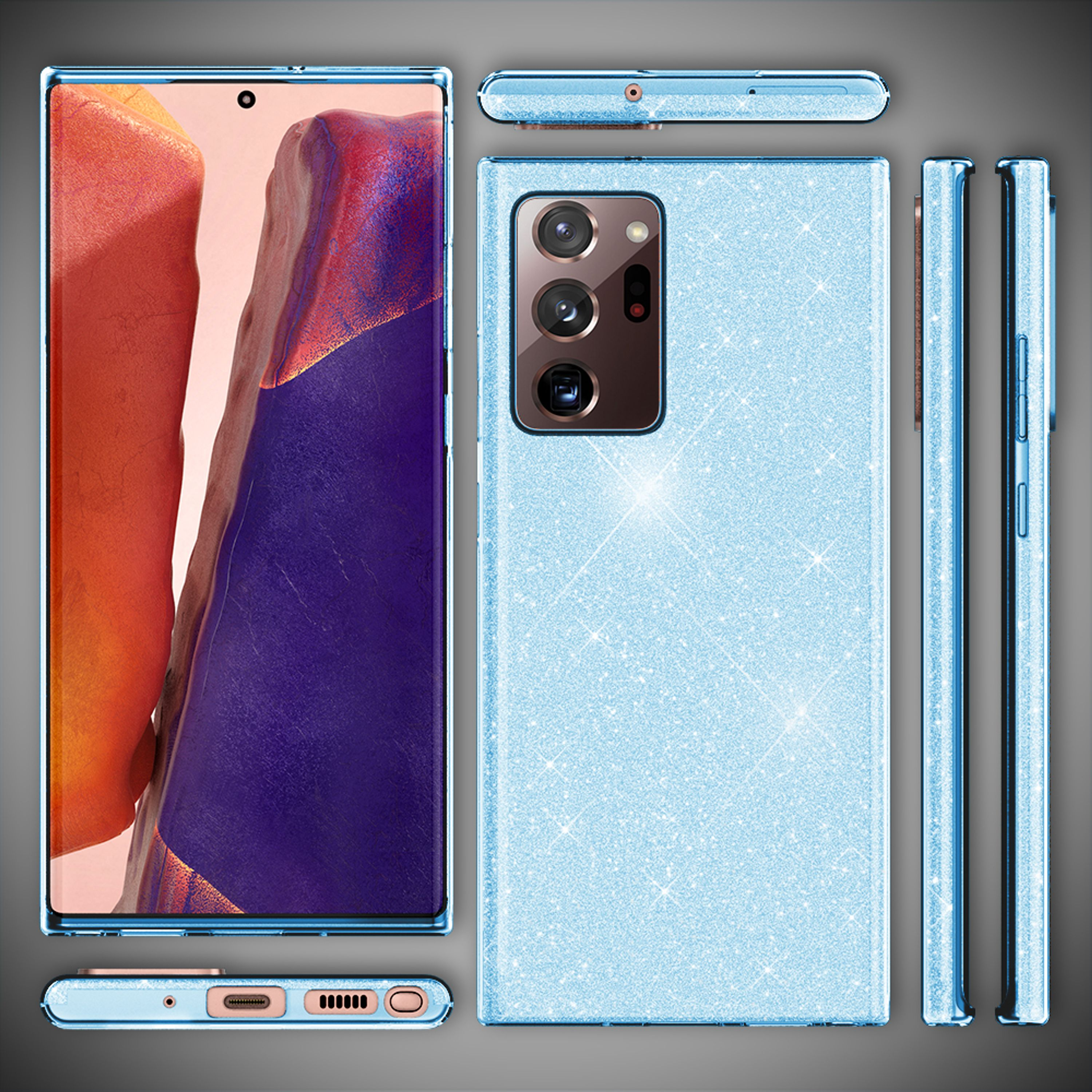 Un supporto per custodia del telefono blu chiaro e scintillante con un telefono.