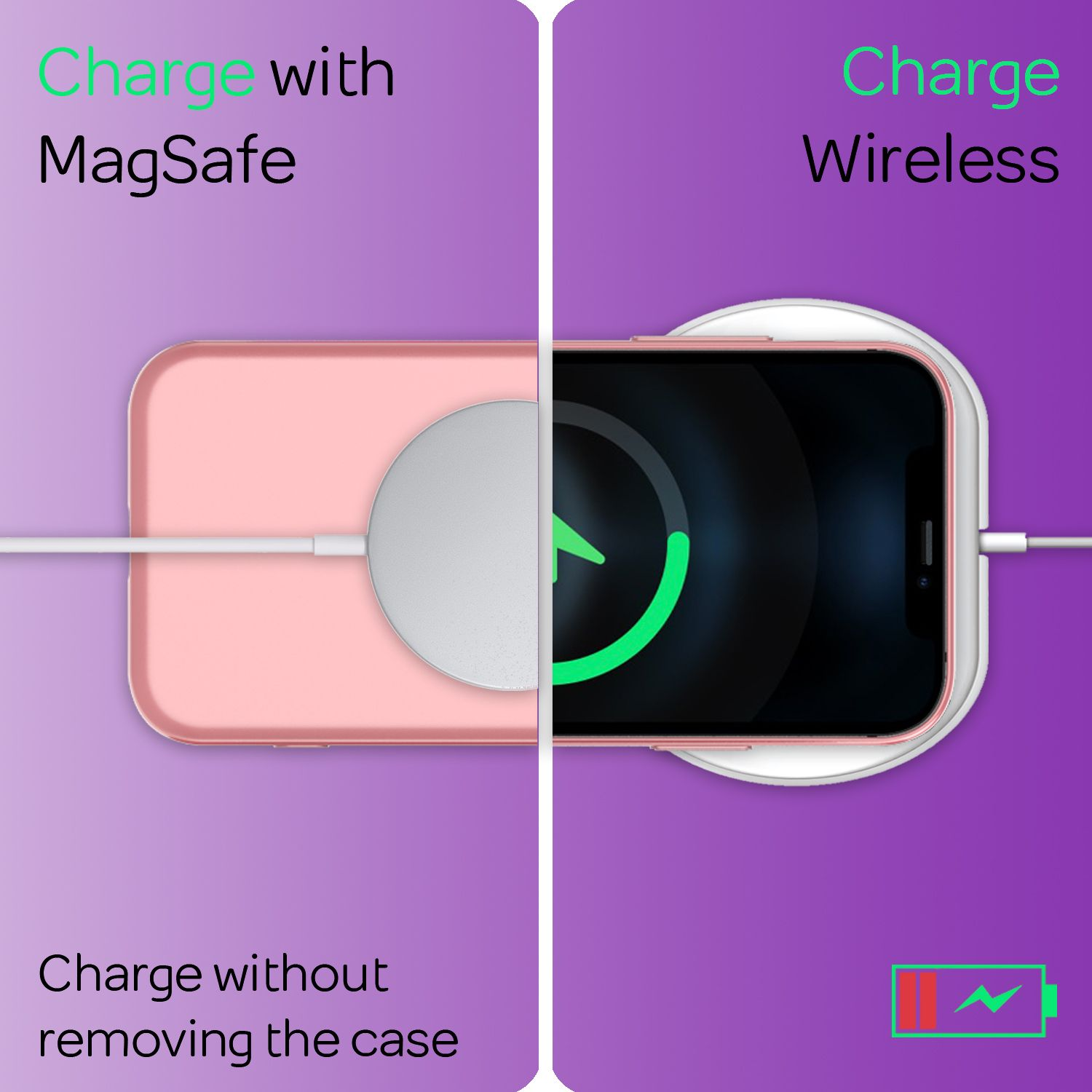 Un iPhone rosa viene caricato in modalità wireless o con MagSafe.