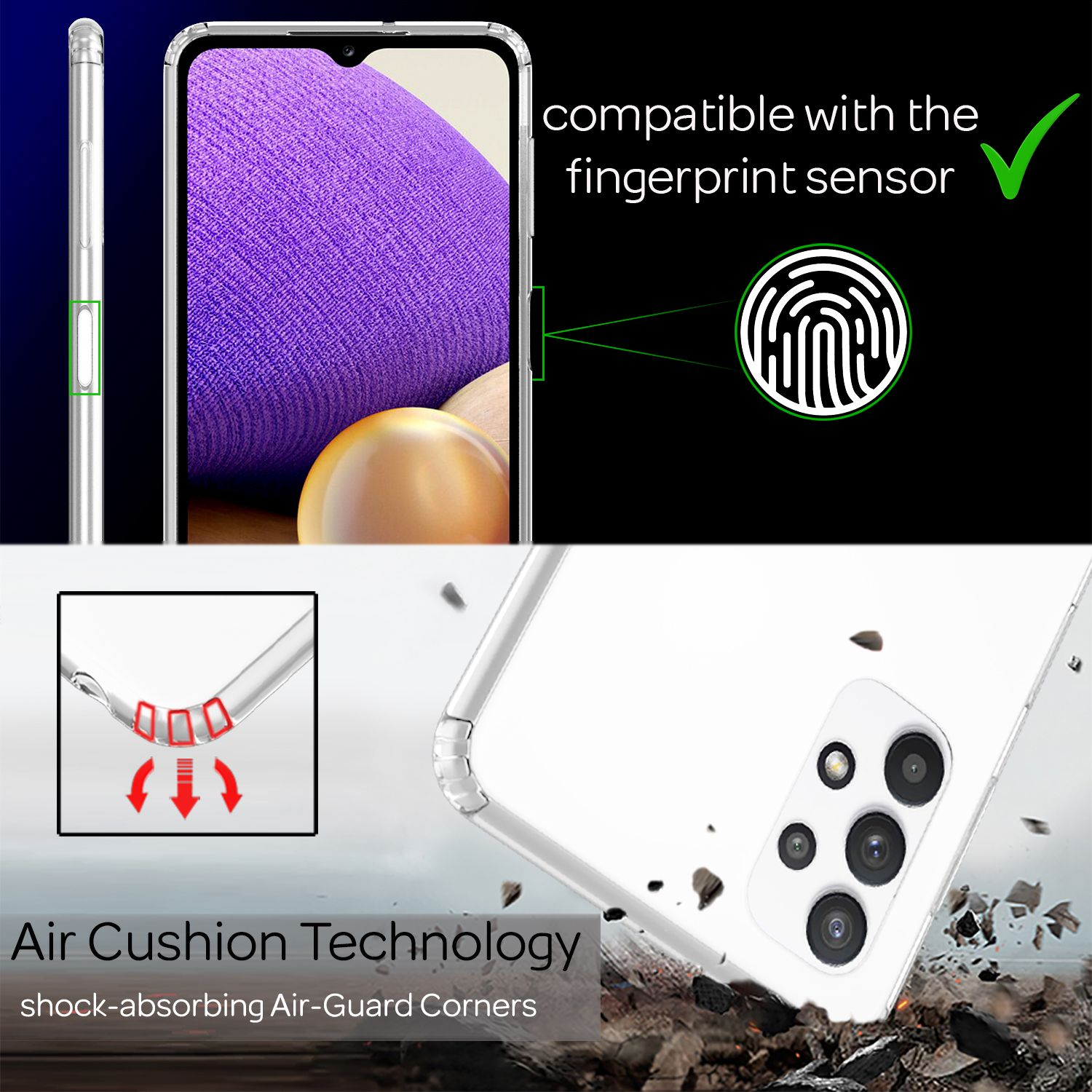 Klare Handyhülle mit Air Cushion Technology, kompatibel mit Fingerabdrucksensor.