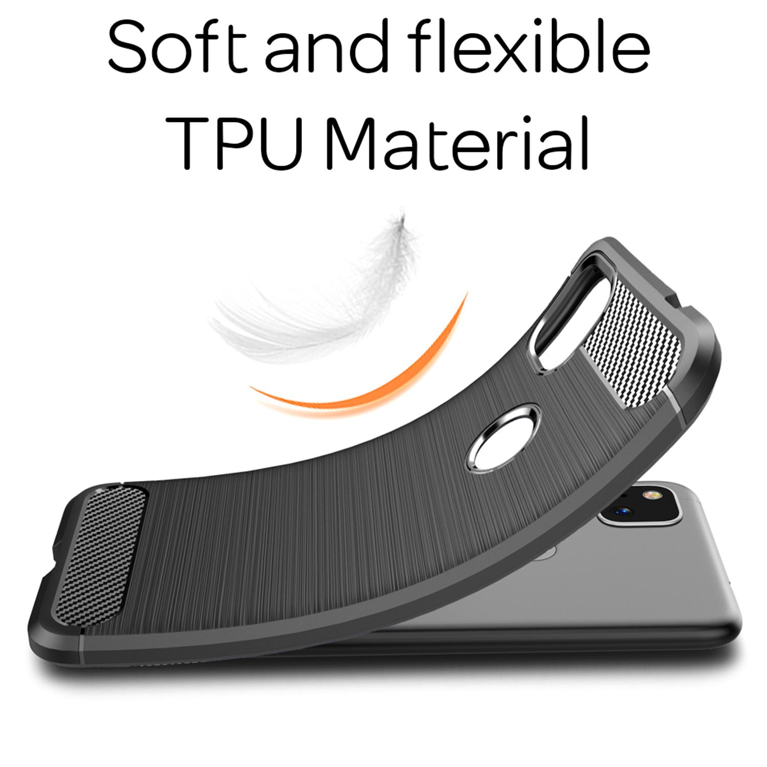 Una custodia per telefono in TPU nero con texture spazzolata è mostrata su un telefono grigio.