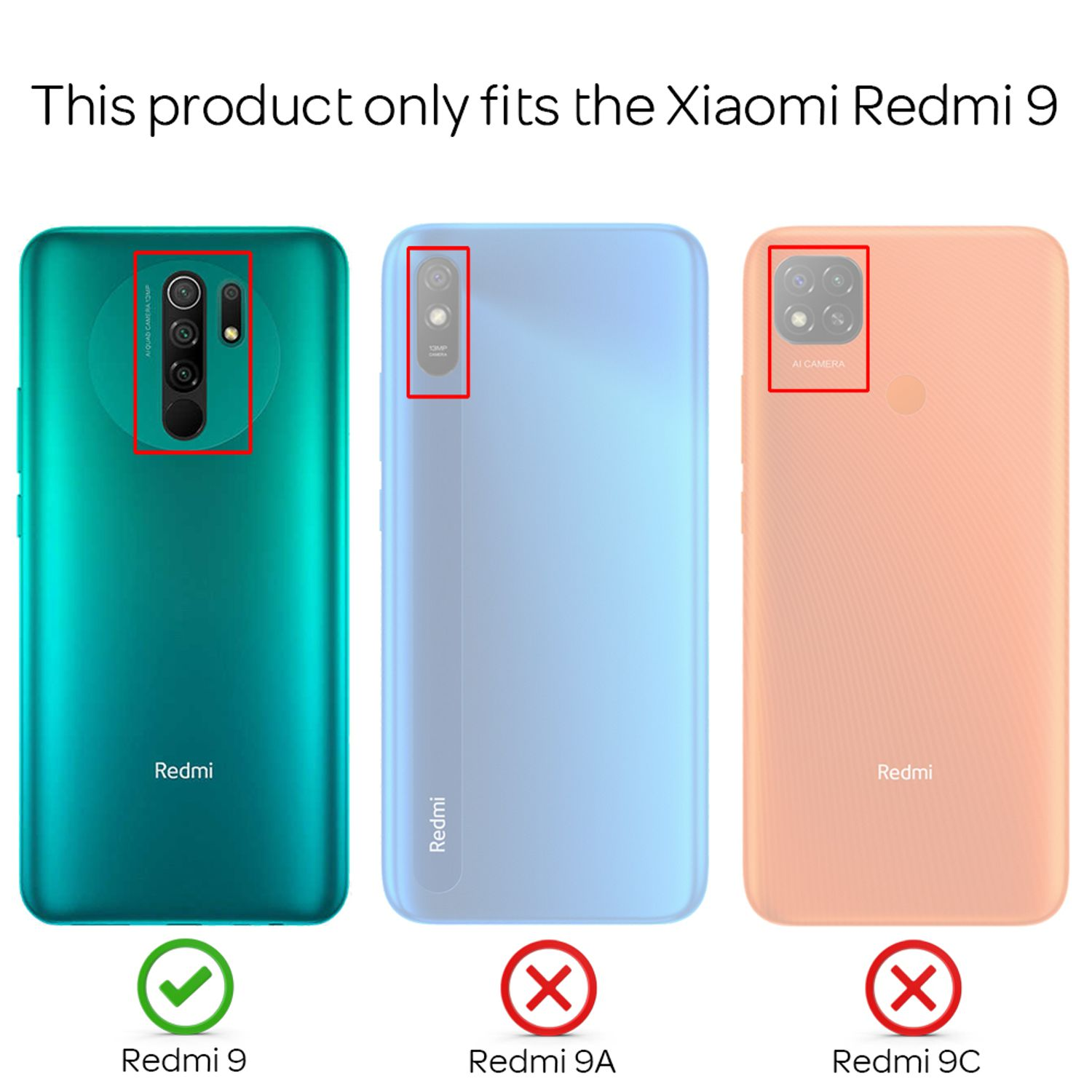 Drei Redmi-Handys: grün (Redmi 9), blau (Redmi 9A), orange (Redmi 9C).