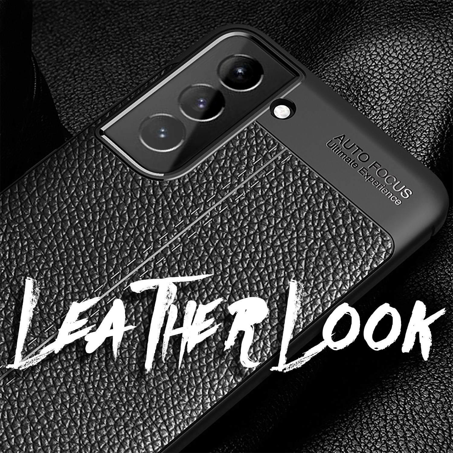Schwarzes Handy mit Ledertextur-Hülle und Kameralinsen auf Lederuntergrund.