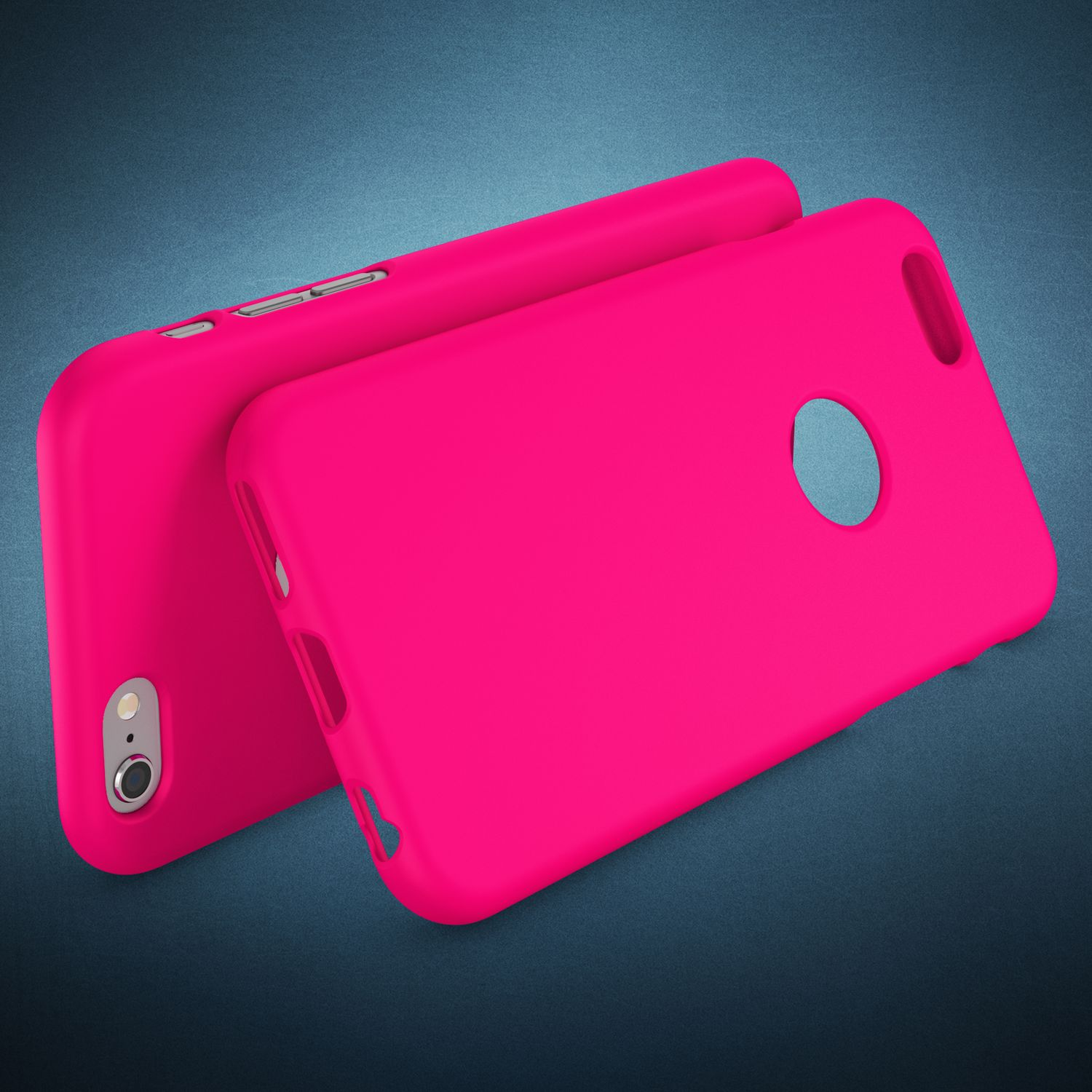 Zwei pinke Handyhüllen liegen auf einem blauen Hintergrund.