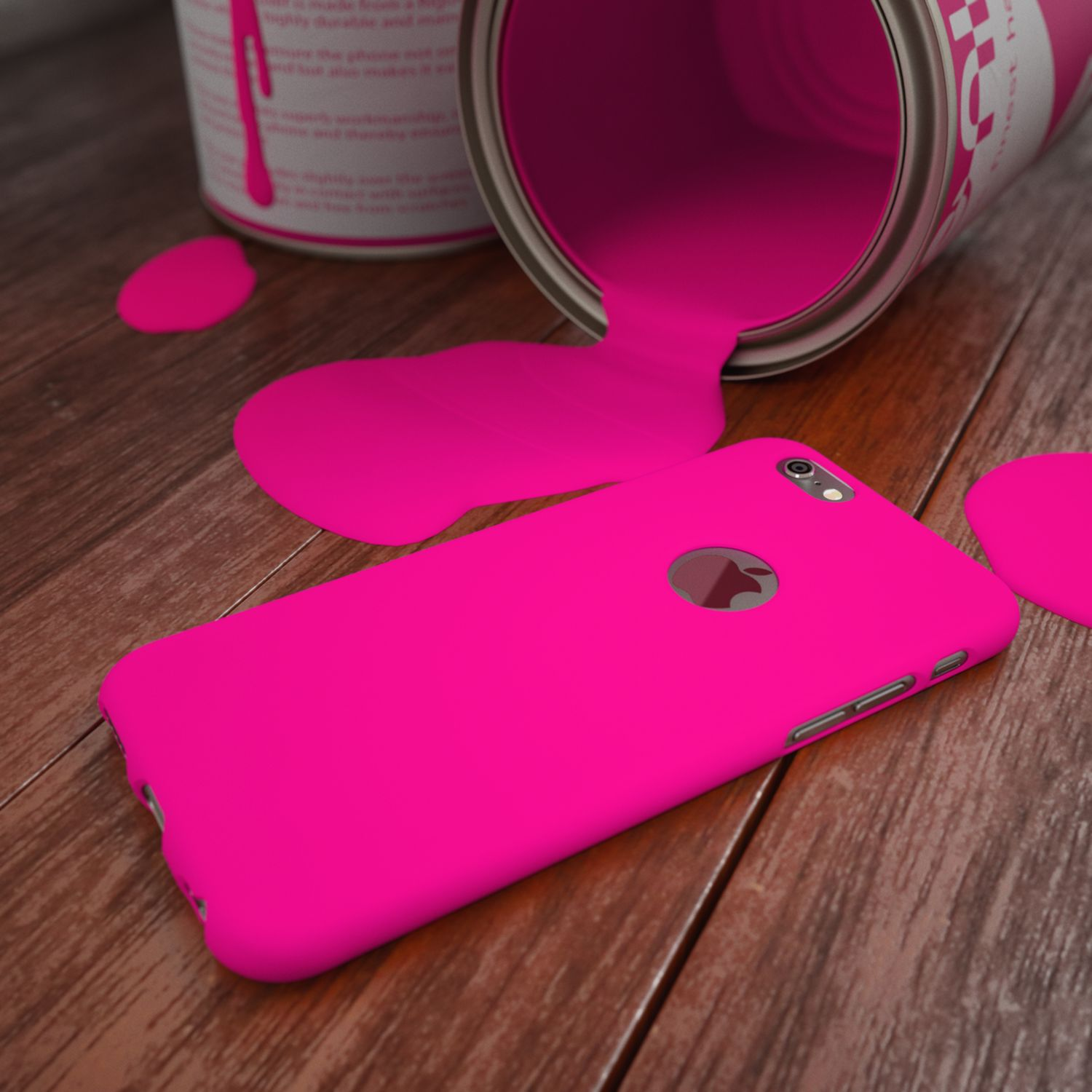 Ein roter Farbeimer ist umgekippt und verschüttet. Ein pinkes Handy liegt daneben.