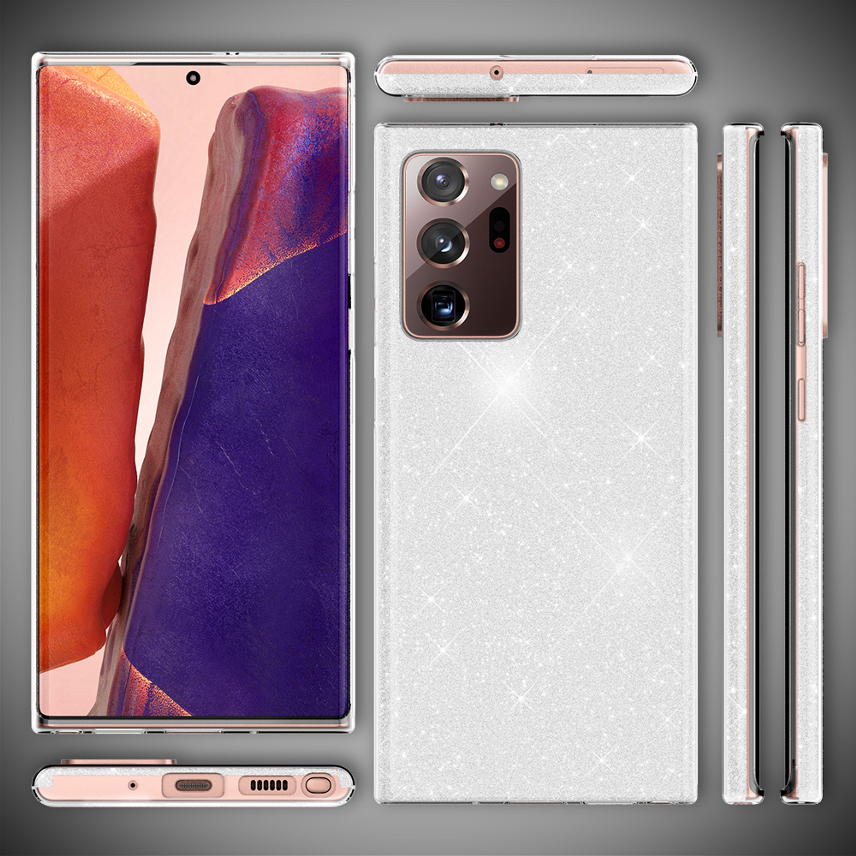 Custodia bianca glitterata per telefono con configurazione fotocamera e porta di ricarica.
