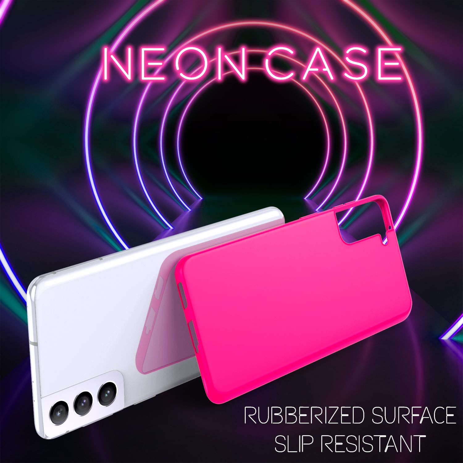 Uno smartphone bianco con cover rosa davanti ad anelli al neon.
