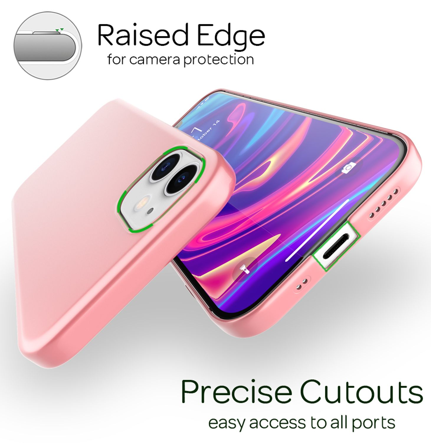Una cover rosa per telefono con bordi rialzati per proteggere la fotocamera.