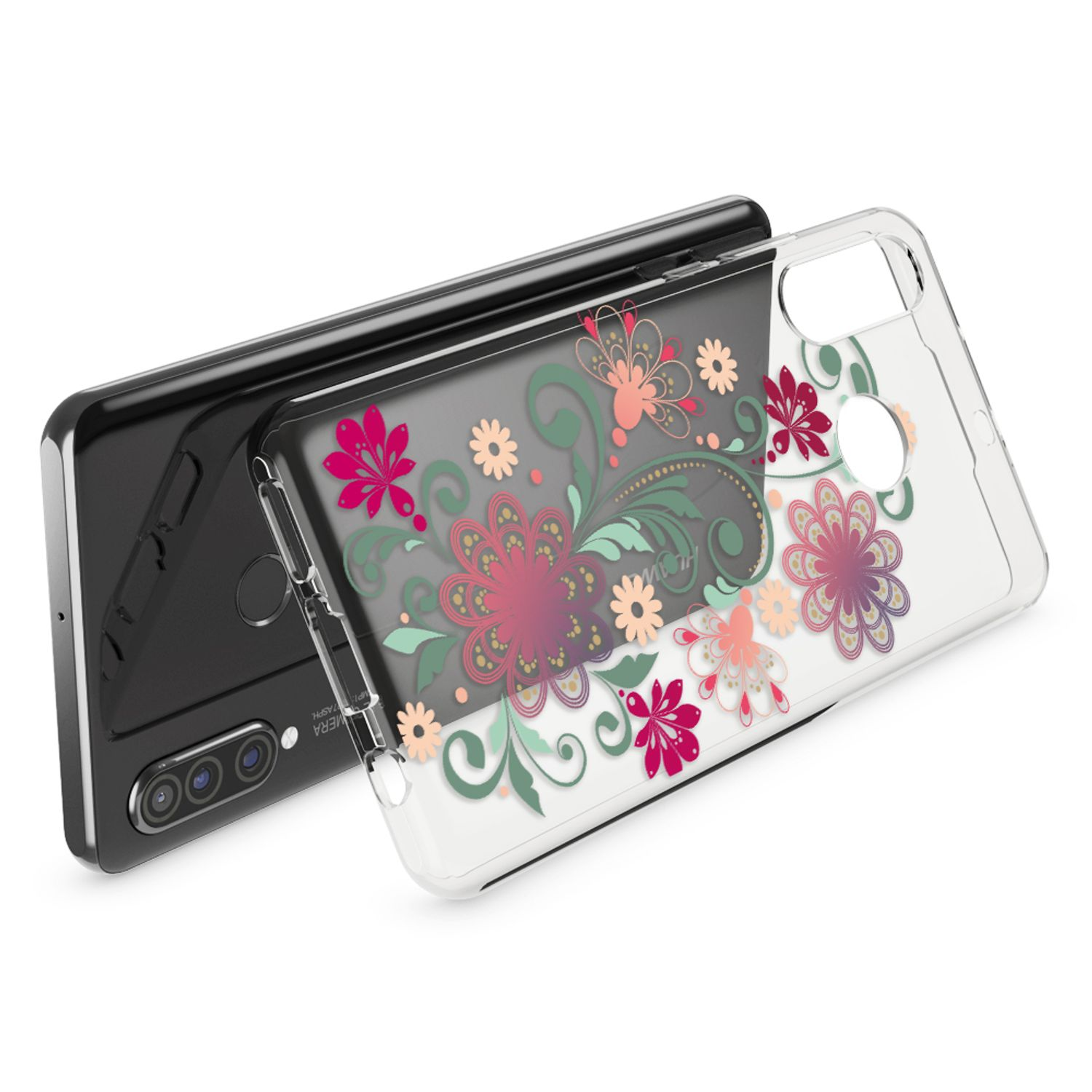 Uno smartphone nero con una custodia trasparente con motivo floreale.