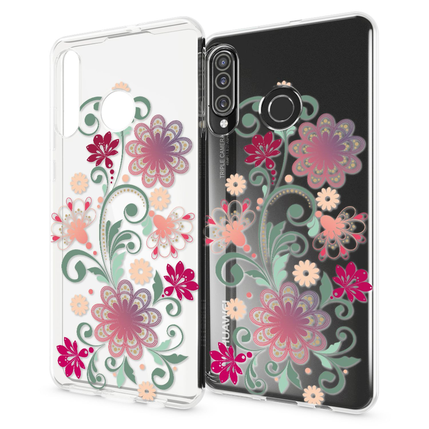 Due custodie trasparenti per telefono con motivo floreale sui toni del rosa, verde e arancio.