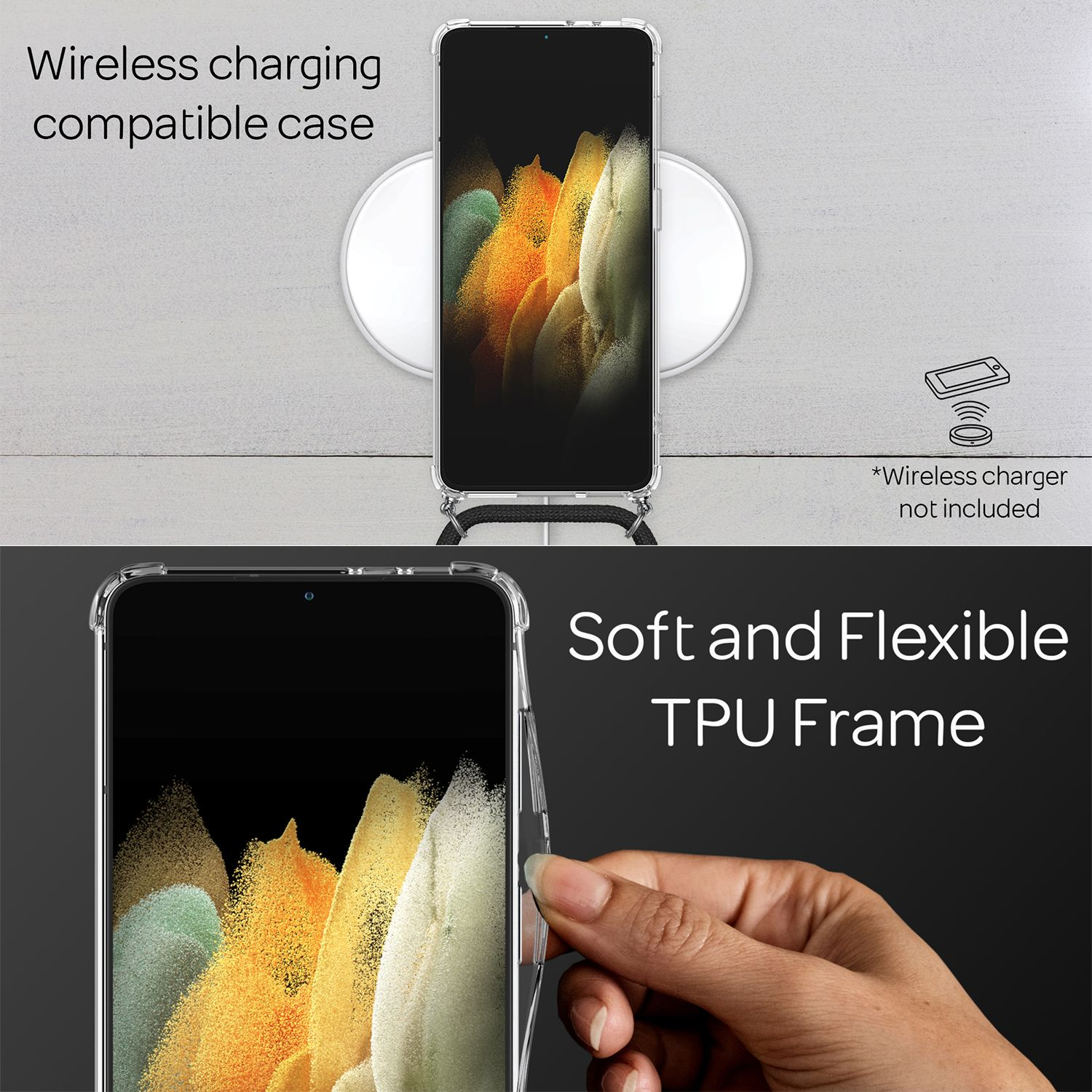 Custodia trasparente per telefono, con caricabatterie wireless e testo.