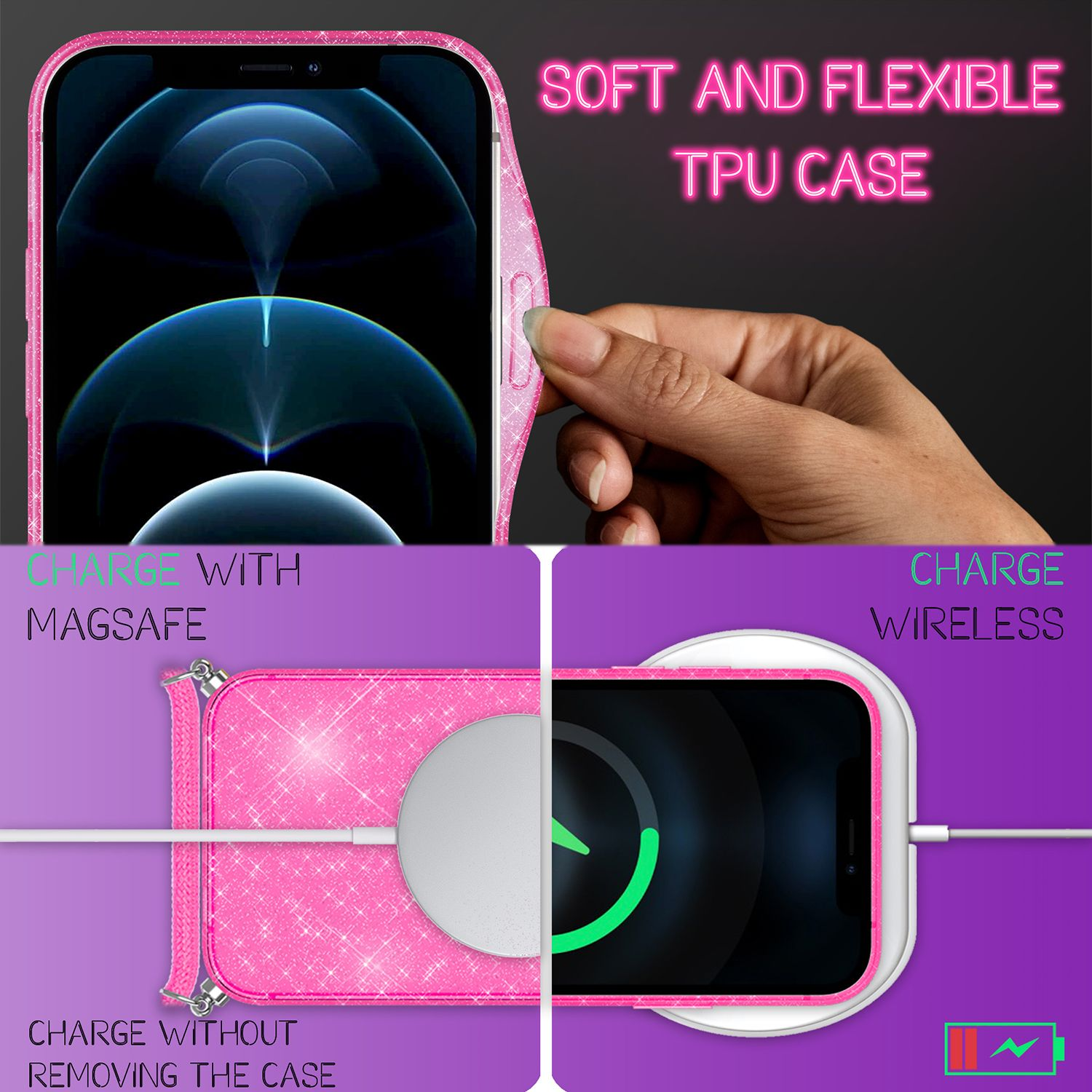 Custodia per telefono rosa morbida e flessibile con ricarica MagSafe e wireless.