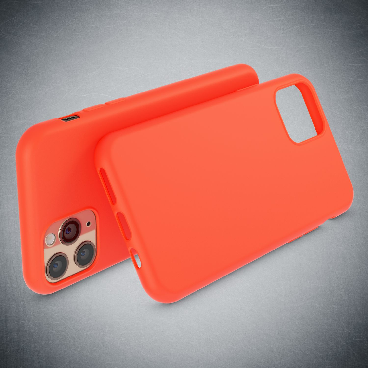 Zwei leuchtend orangefarbene Handyhüllen liegen nebeneinander auf einem grauen Hintergrund.