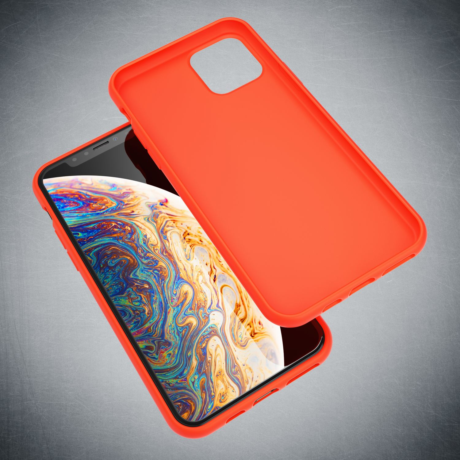 Ein leuchtend orangerates Handycover liegt neben einem Smartphone mit buntem Hintergrundbild.