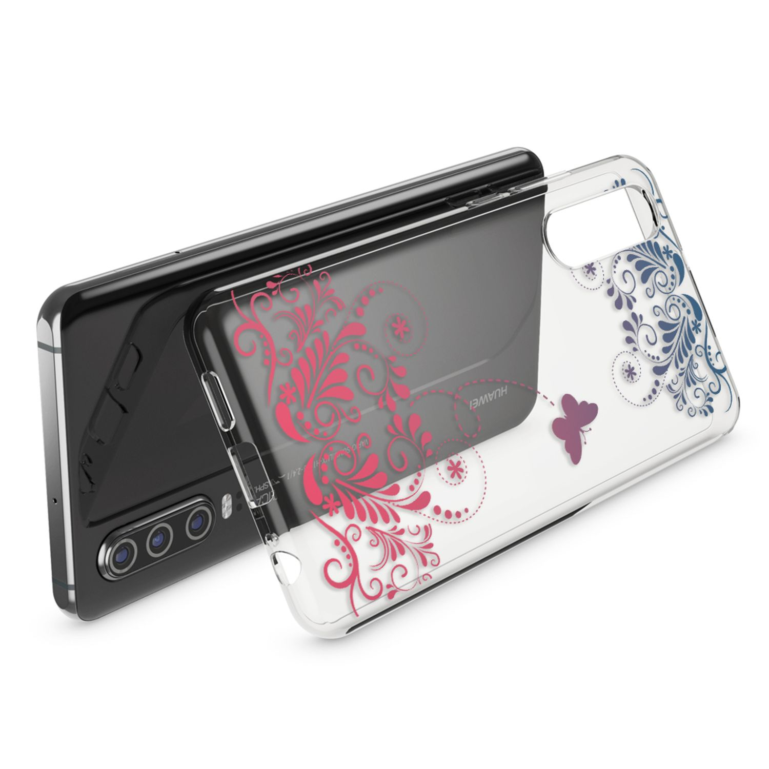 Ein schwarzes Huawei-Telefon mit einer transparenten Hülle mit rosa und blauen Mustern.