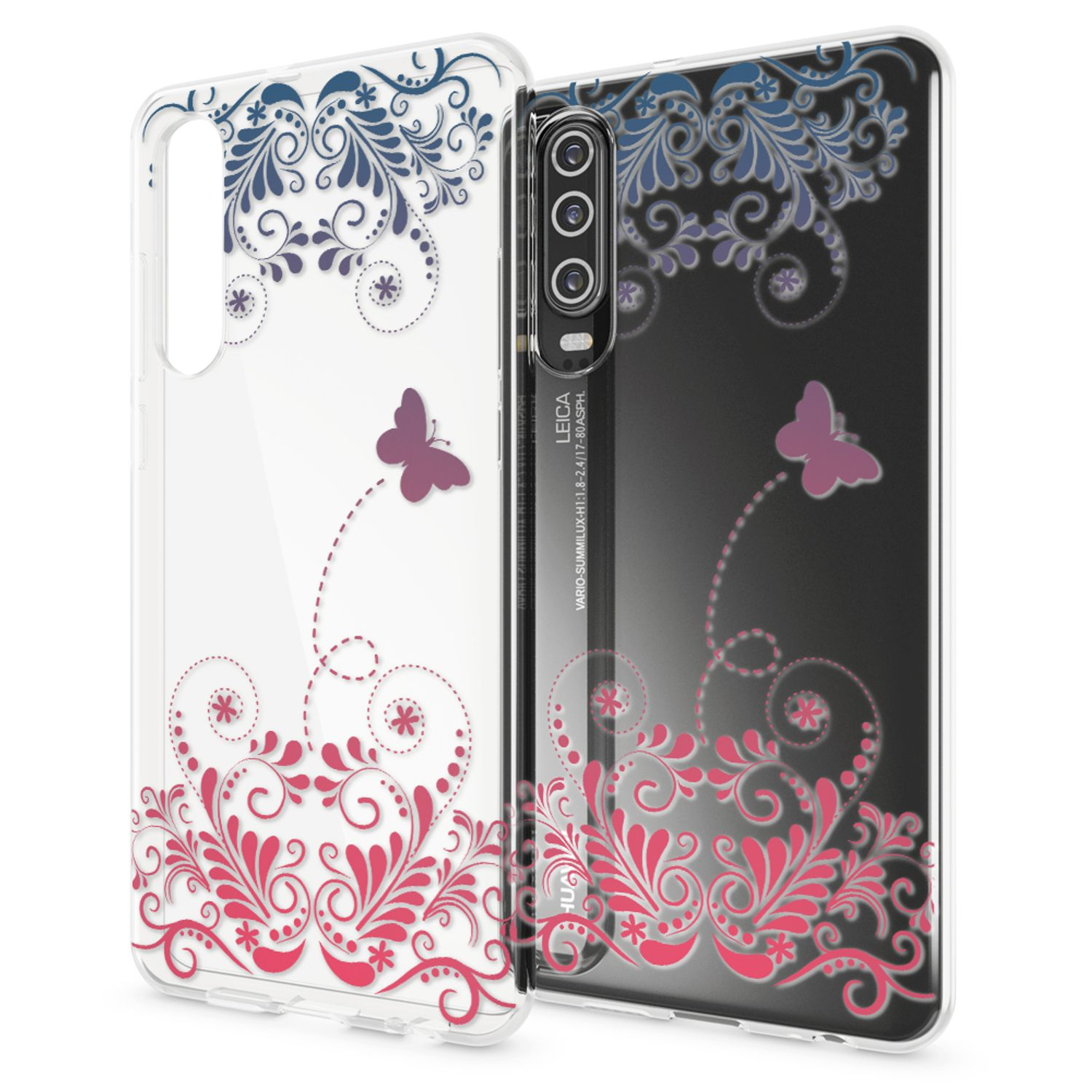 Transparente Handyhüllen mit rosa und blauen floralen Mustern und Schmetterlingen.